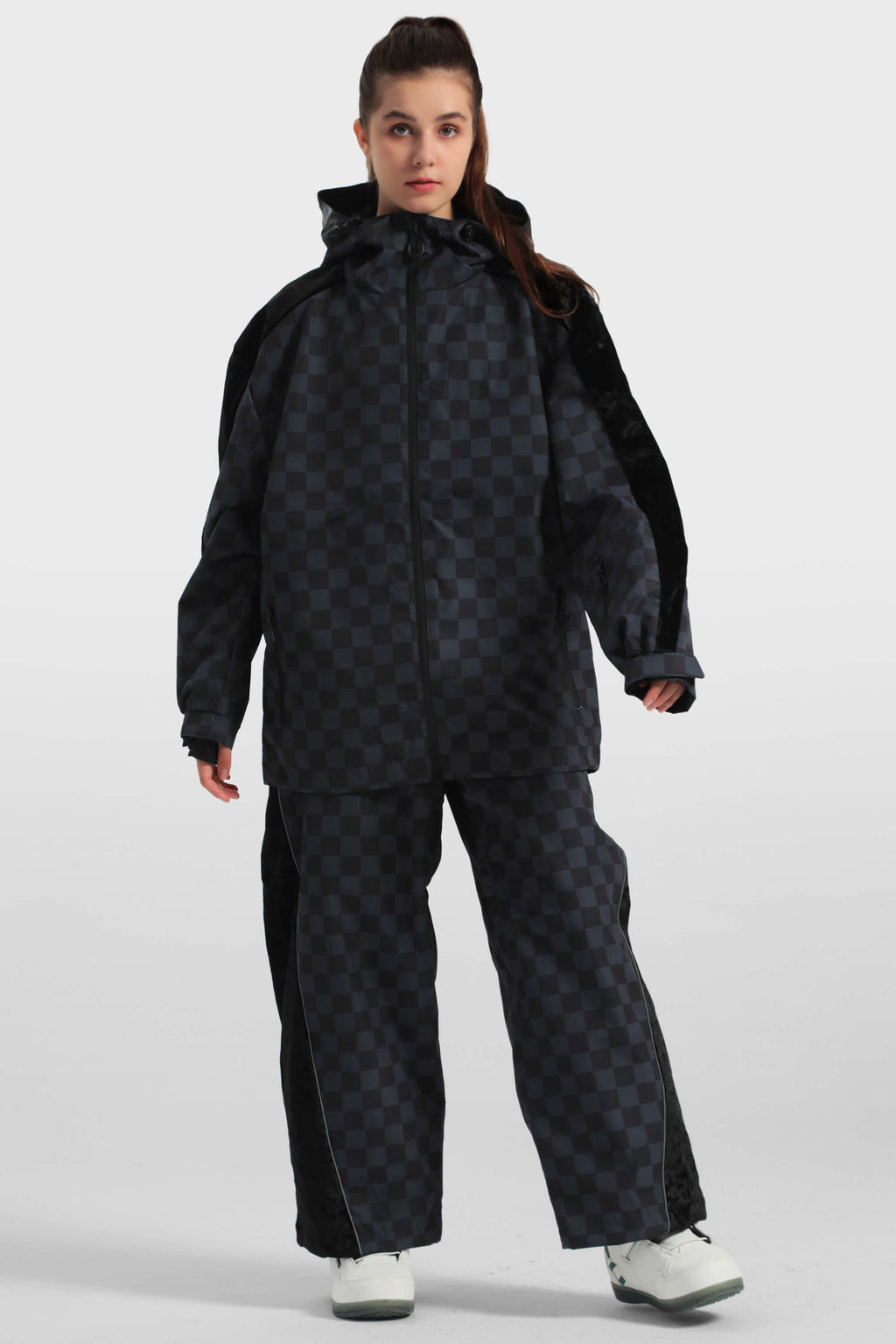 Women's Black Fleece-Lined Plaid Ski Jacket Waterproof Velvet Snow Jacket