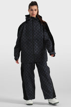 Women's Black Fleece-Lined Plaid Ski Jacket Waterproof Velvet Snow Jacket