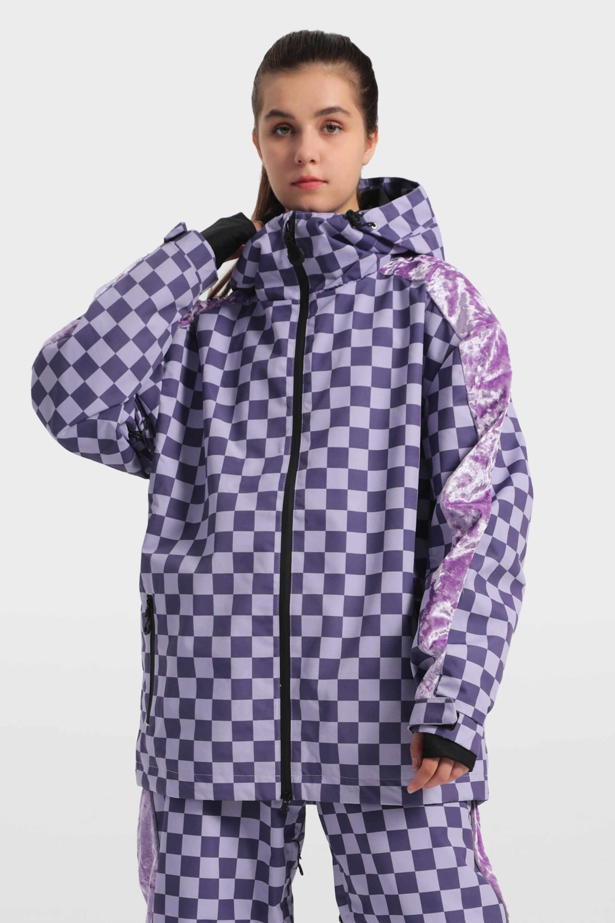 Women's Purple Fleece-Lined Plaid Ski Jacket Waterproof Velvet Snow Jacket Main image