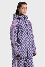 Women's Black Fleece-Lined Plaid Ski Jacket Waterproof Velvet Snow Jacket