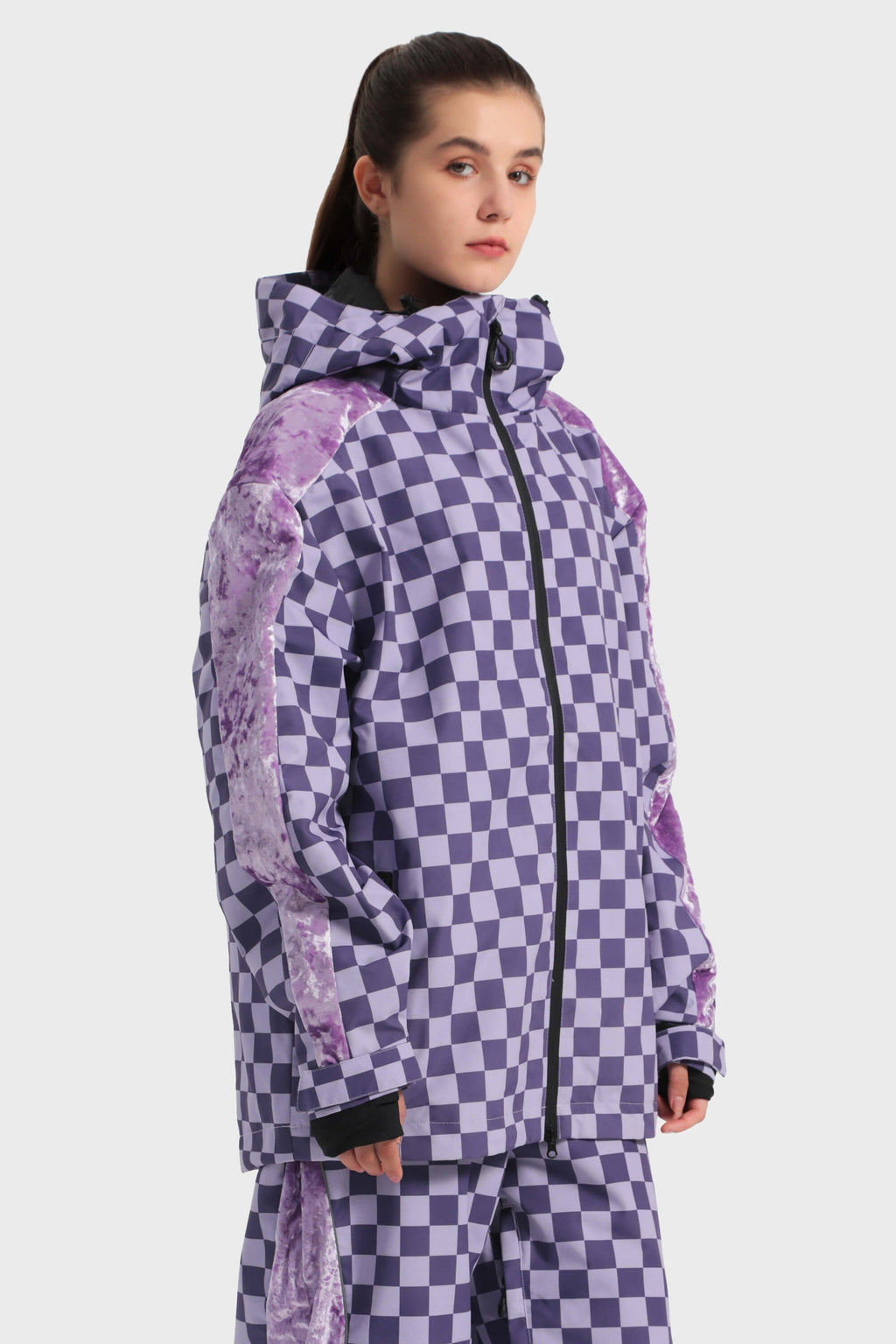 Women's Purple Fleece-Lined Plaid Ski Jacket Waterproof Velvet Snow Jacket