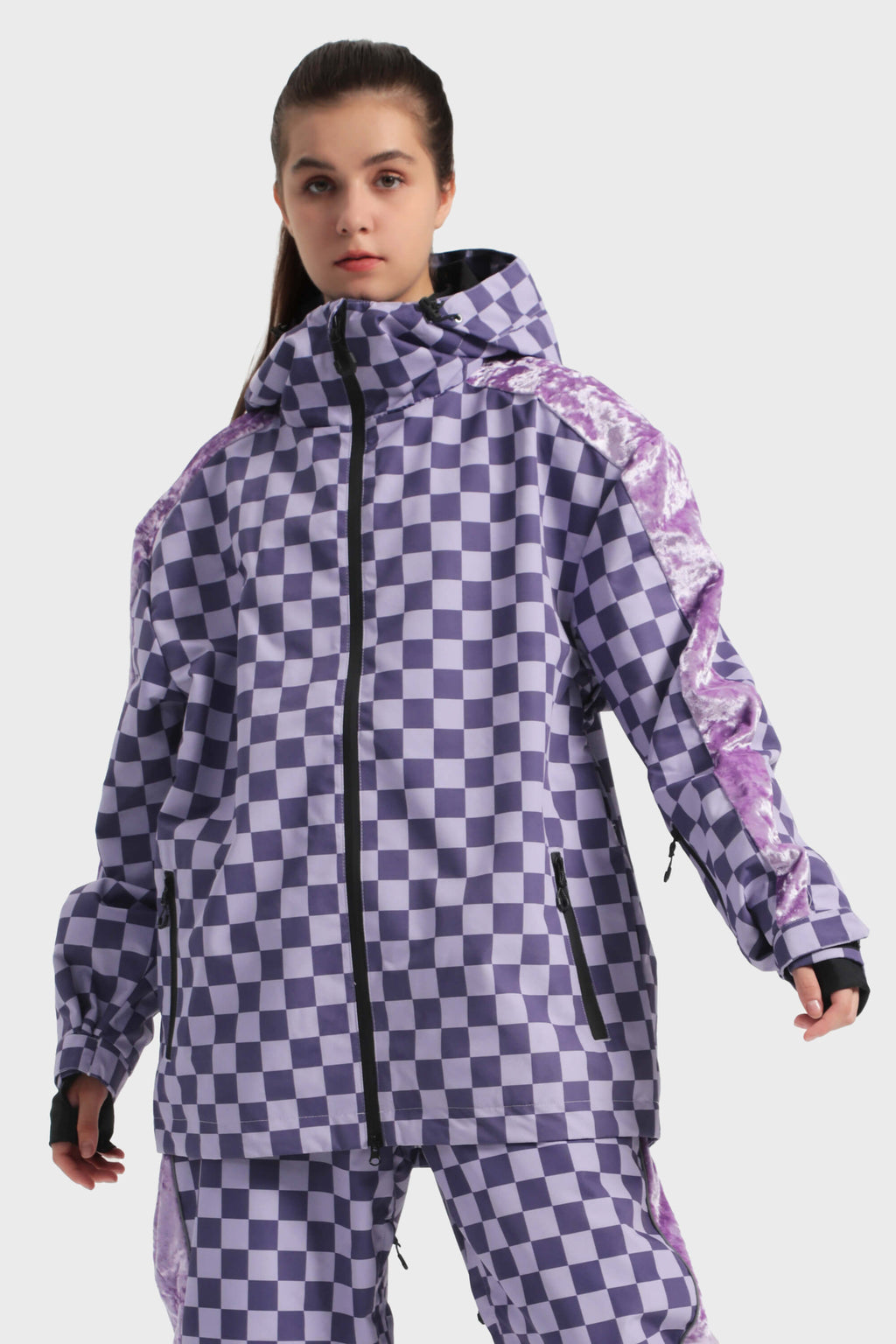 Women's Purple Fleece-Lined Plaid Ski Jacket Waterproof Velvet Snow Jacket
