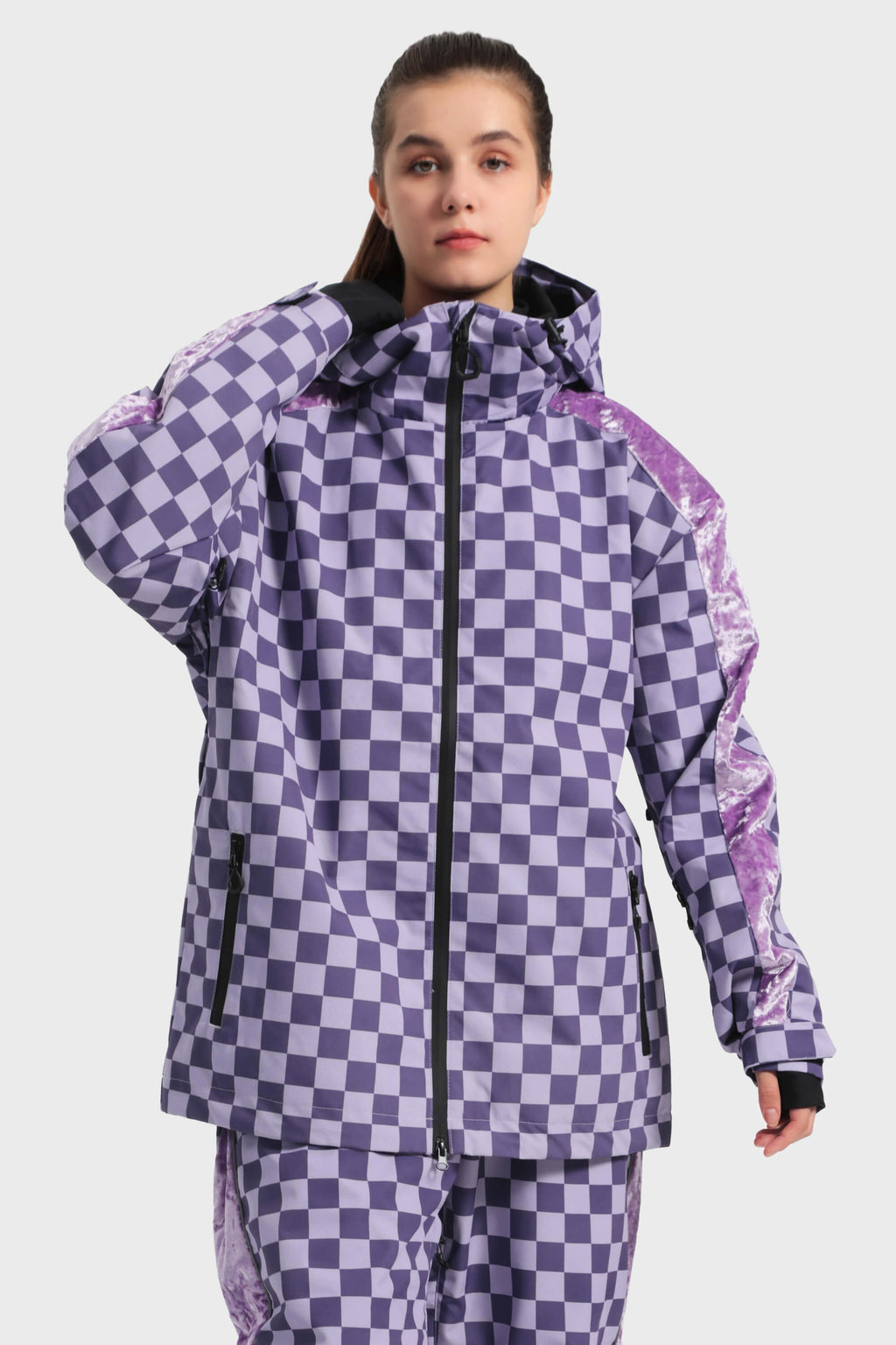 Women's Black Fleece-Lined Plaid Ski Jacket Waterproof Velvet Snow Jacket