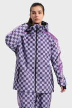 Women's Black Fleece-Lined Plaid Ski Jacket Waterproof Velvet Snow Jacket
