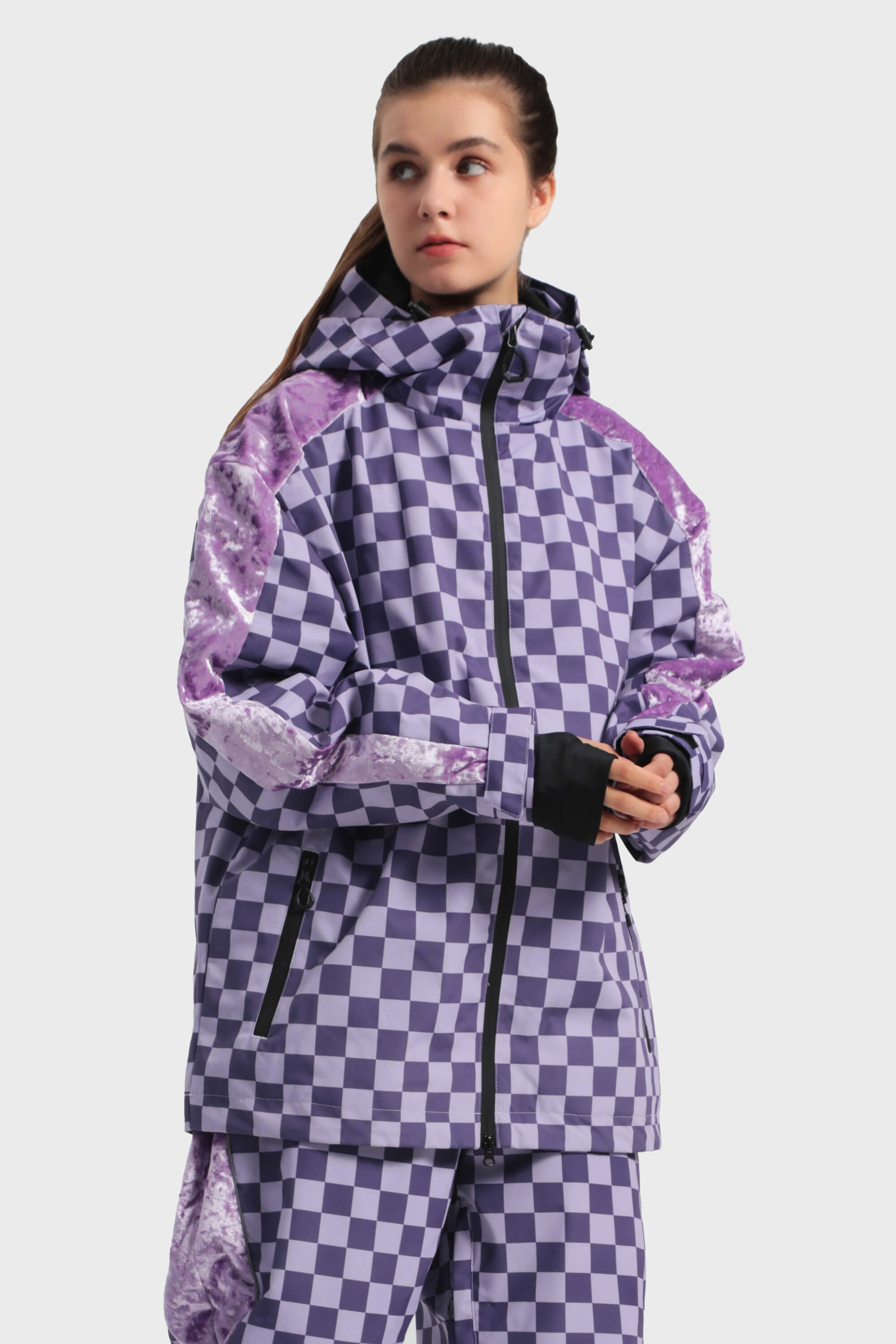 Women's Purple Fleece-Lined Plaid Ski Jacket Waterproof Velvet Snow Jacket