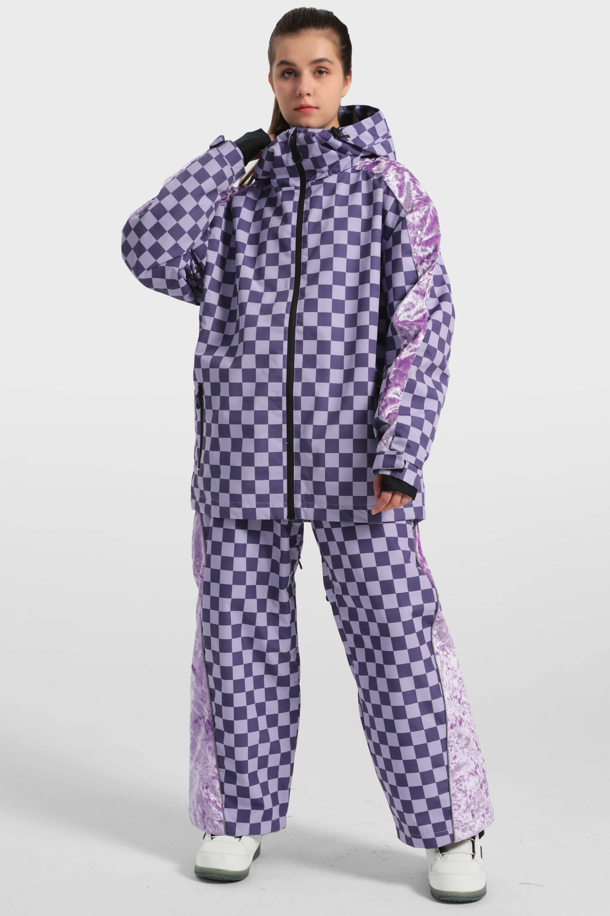 Women's Purple Fleece-Lined Plaid Ski Jacket Waterproof Velvet Snow Jacket