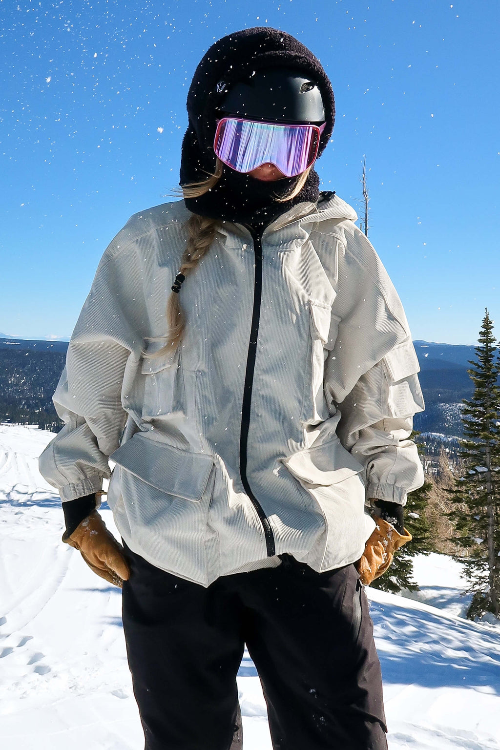 Women's Black Waterproof Corduroy Batwing Sleeve Large Pocket Snow Jacket