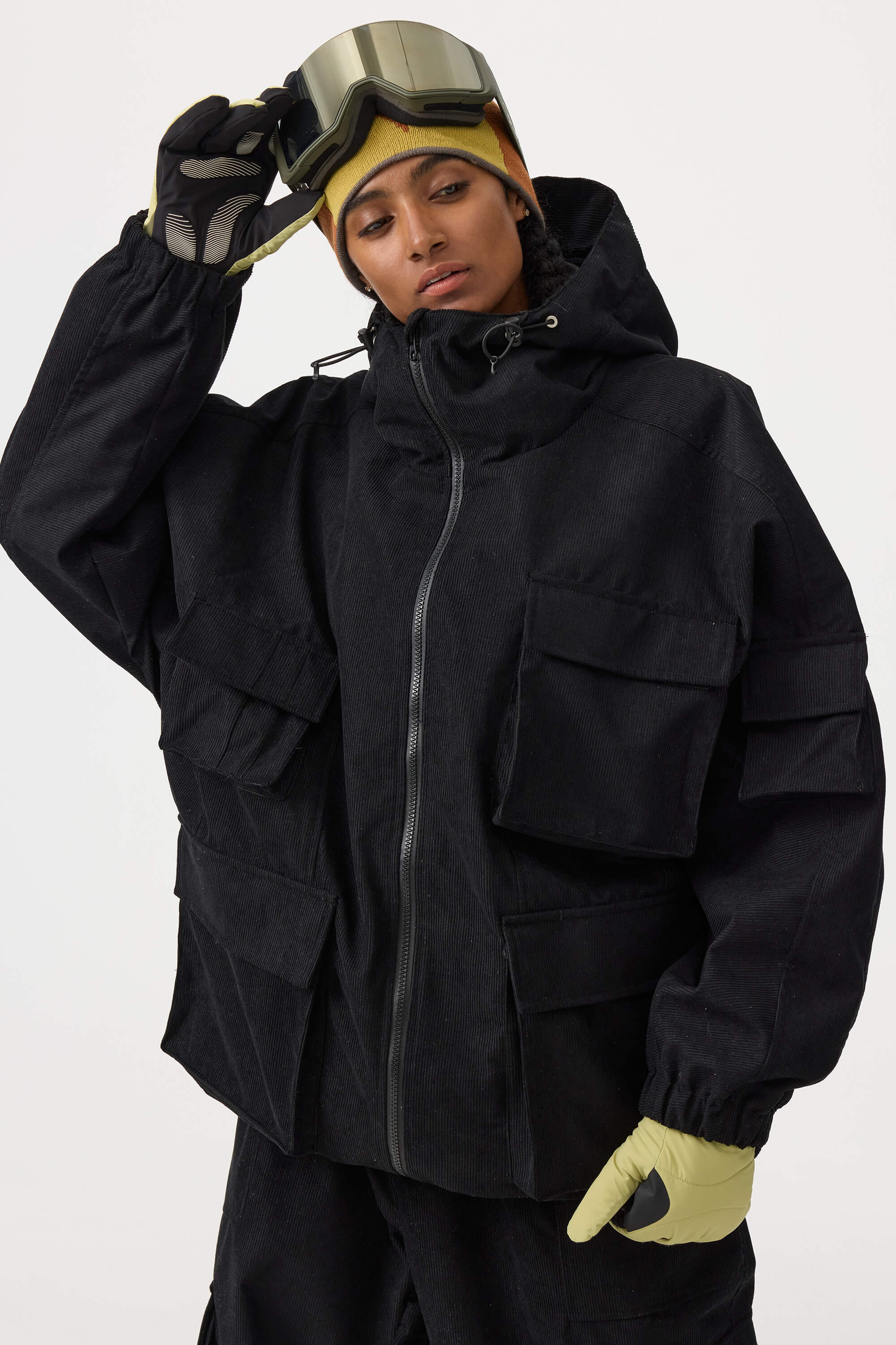 Women's Black Waterproof Corduroy Batwing Sleeve Large Pocket Snow Jacket Secondary image