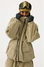 Women's Black Waterproof Corduroy Batwing Sleeve Large Pocket Snow Jacket