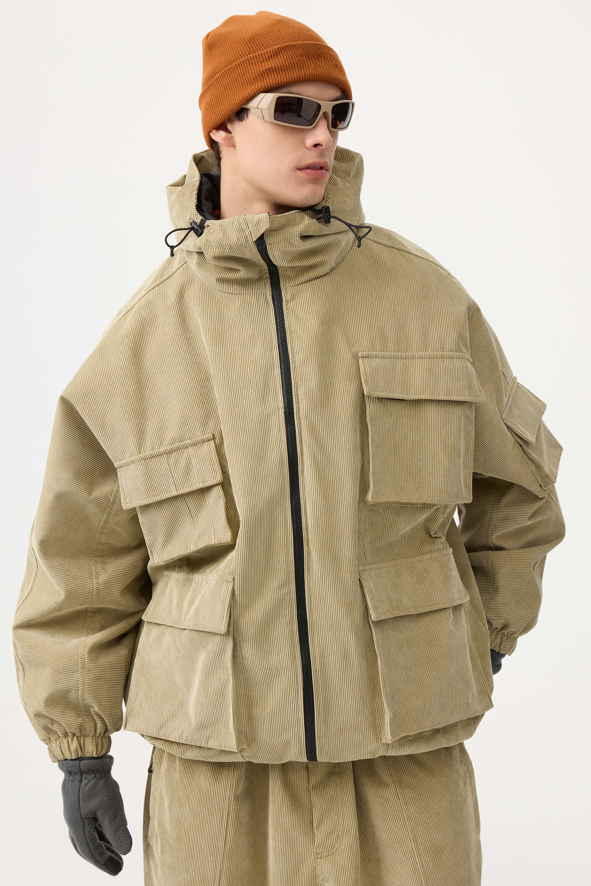 Men's Khaki Waterproof Corduroy Batwing Sleeve Large Pocket Snow Jacket Secondary image