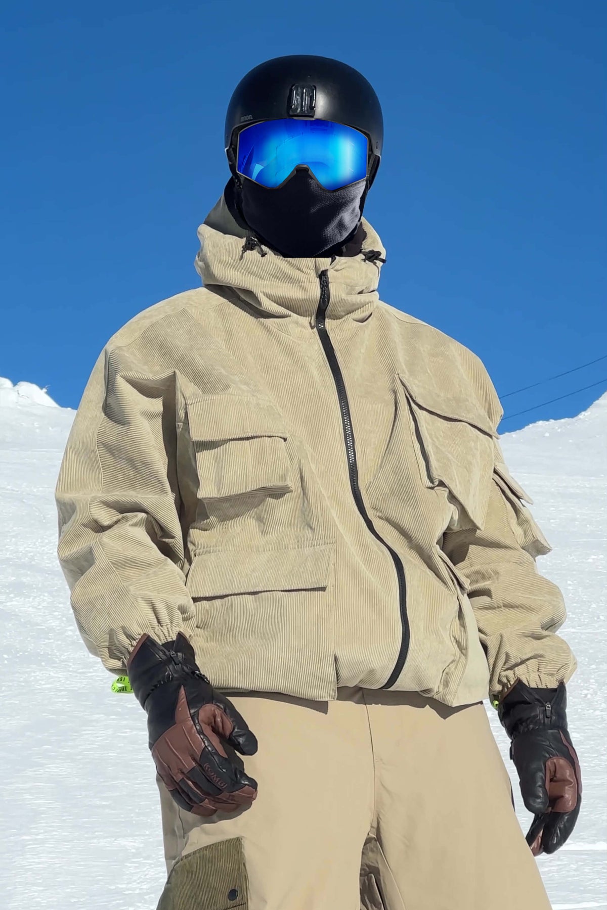Men's Khaki Waterproof Corduroy Batwing Sleeve Large Pocket Snow Jacket