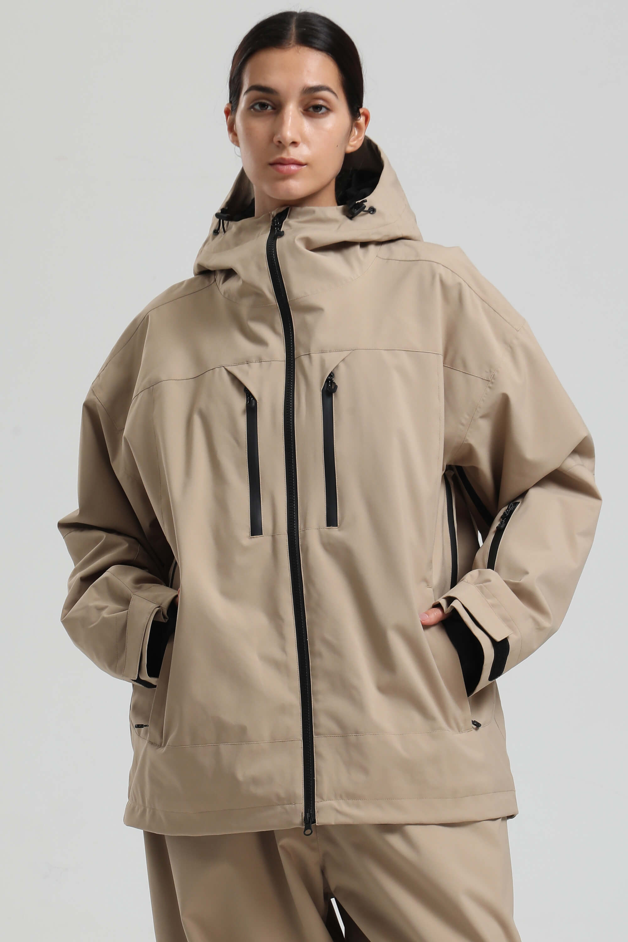 Women's Khaki Multi-Pocket Dual-Vent Ski Jacket Waterproof Insulated Snow Jacket