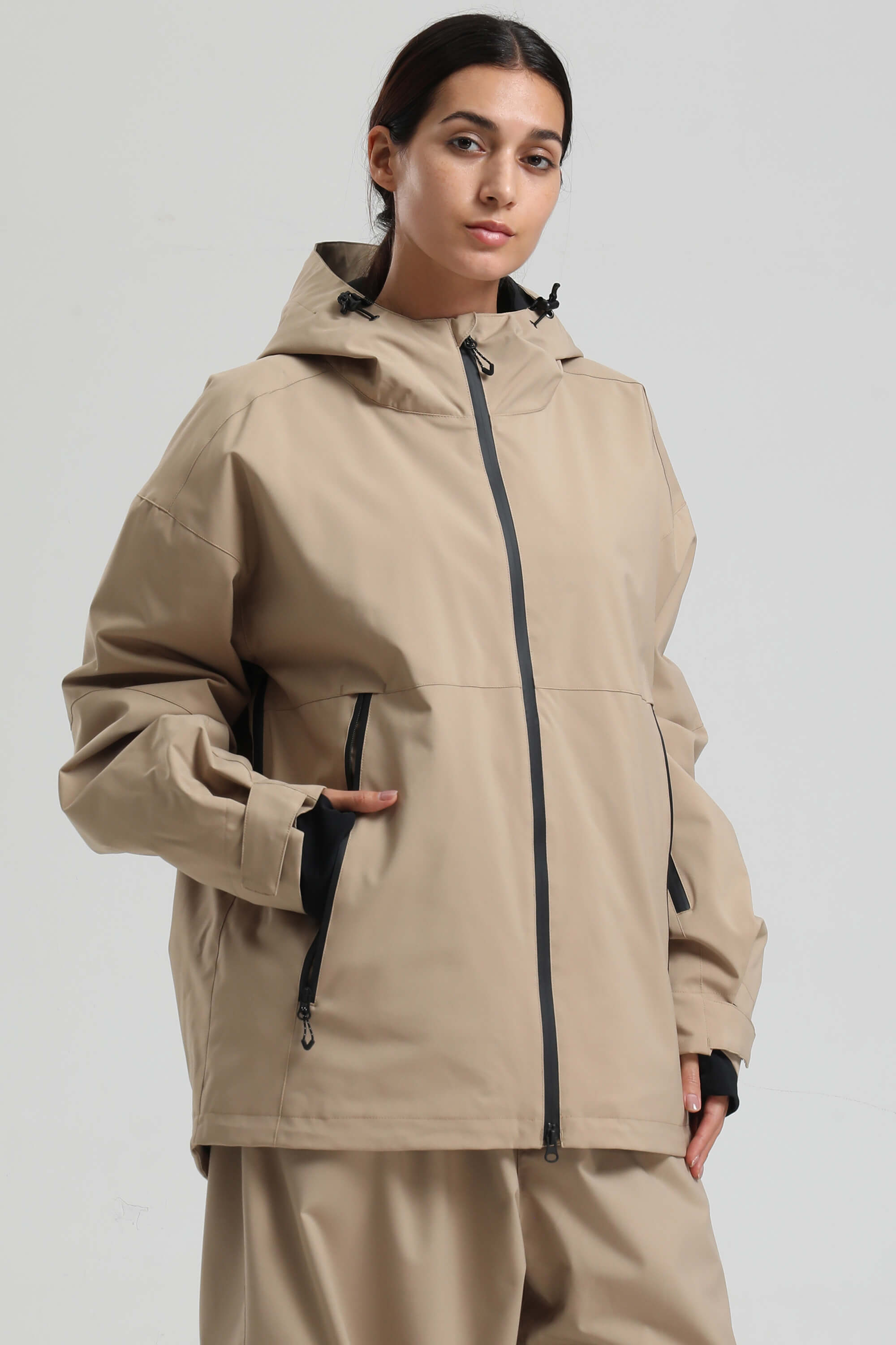 Women's Khaki Fully-Sealed Dual-Vent Ski Jacket Minimalist Insulated Snow Jacket