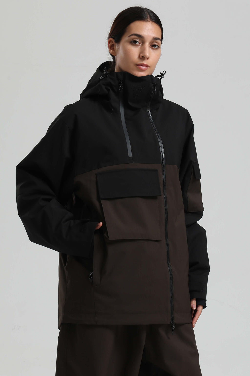 Women's Black & Coffee Asym-Zip Multi-Pocket Ski Jacket Utility Waterproof Snow Jacket