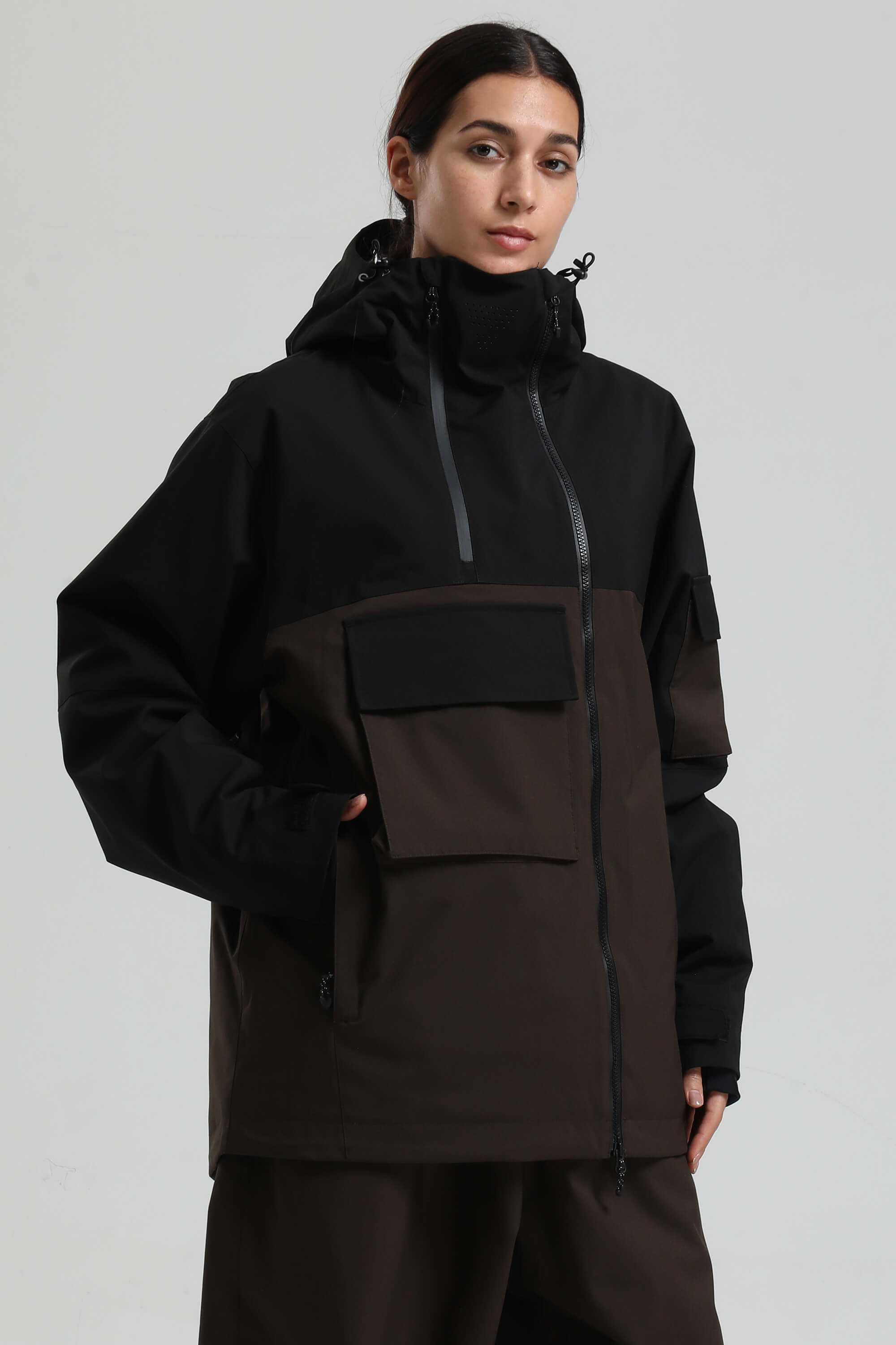 Women's Black & Coffee Asym-Zip Multi-Pocket Ski Jacket Utility Waterproof Snow Jacket