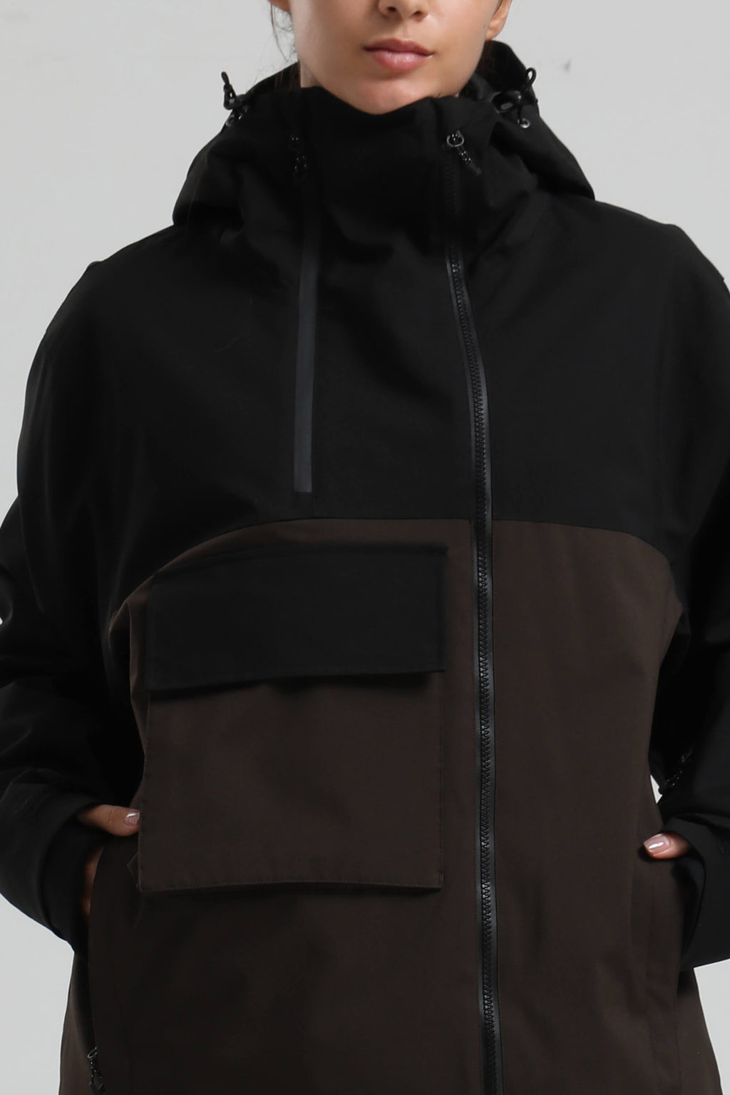 Women's Black & Coffee Asym-Zip Multi-Pocket Ski Jacket Utility Waterproof Snow Jacket