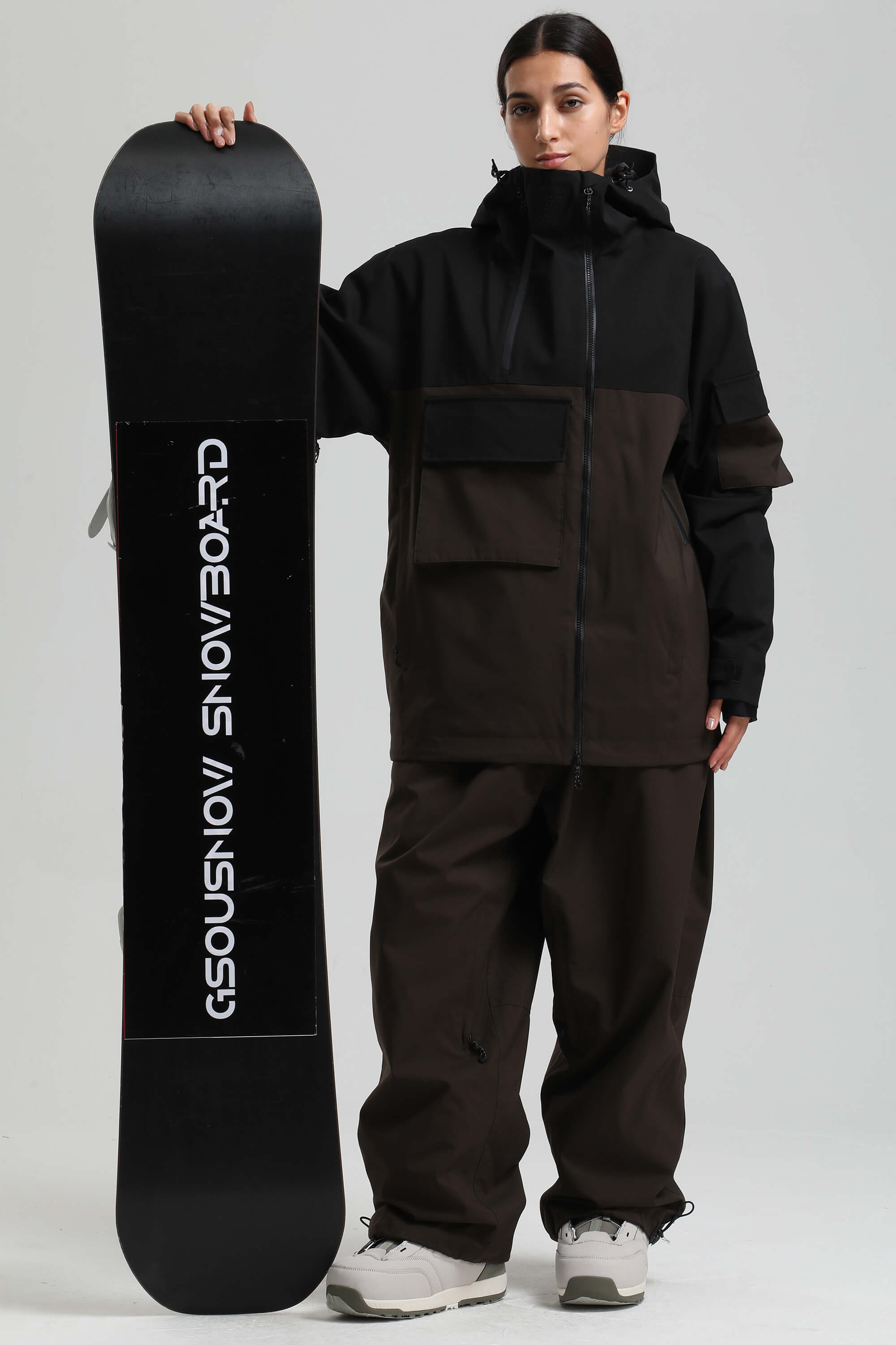 Women's Black & Coffee Asym-Zip Multi-Pocket Ski Jacket Utility Waterproof Snow Jacket