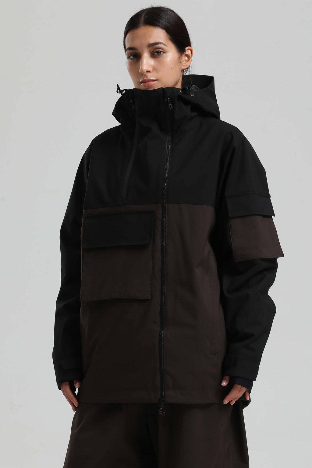 Women's Black & Coffee Asym-Zip Multi-Pocket Ski Jacket Utility Waterproof Snow Jacket