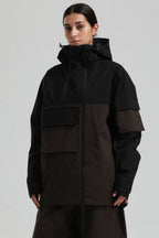 Women's Black & Coffee Asym-Zip Multi-Pocket Ski Jacket Utility Waterproof Snow Jacket
