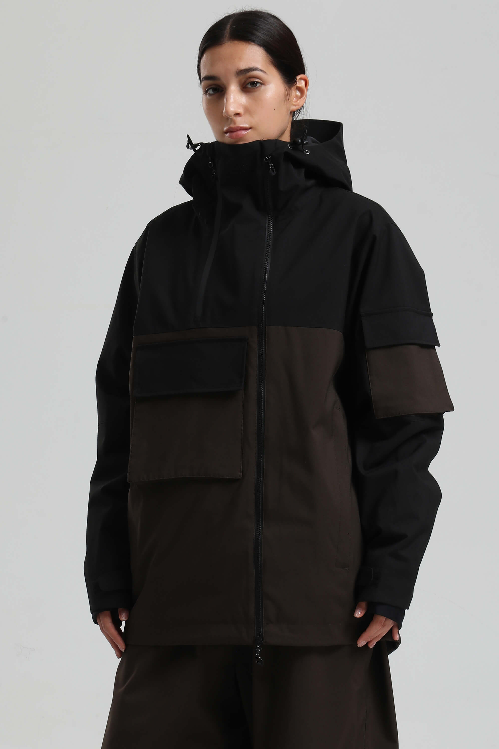Women's Black & Coffee Asym-Zip Multi-Pocket Ski Jacket Utility Waterproof Snow Jacket