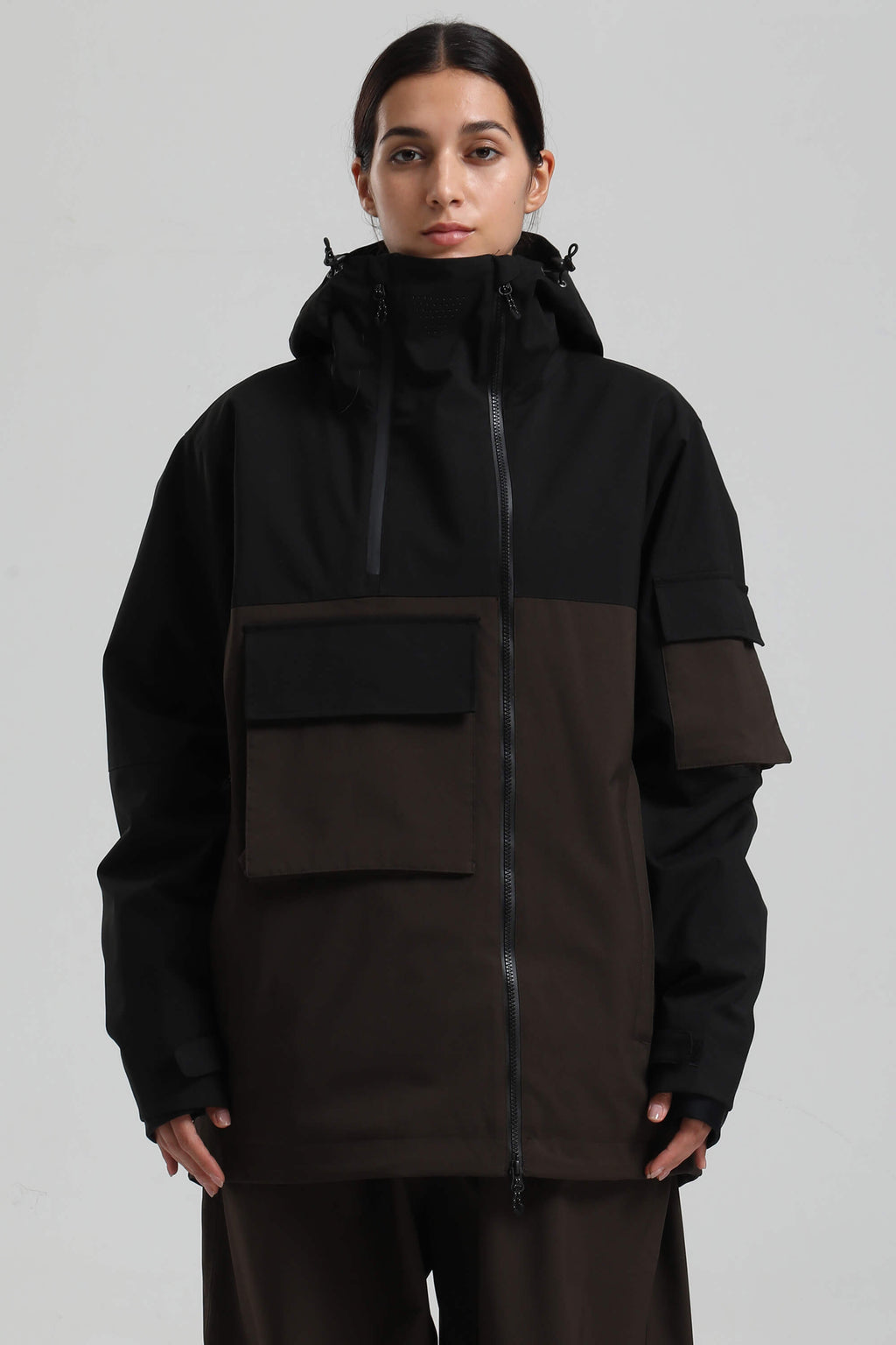 Women's Black & Coffee Asym-Zip Multi-Pocket Ski Jacket Utility Waterproof Snow Jacket