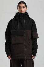 Women's Black & Coffee Asym-Zip Multi-Pocket Ski Jacket Utility Waterproof Snow Jacket