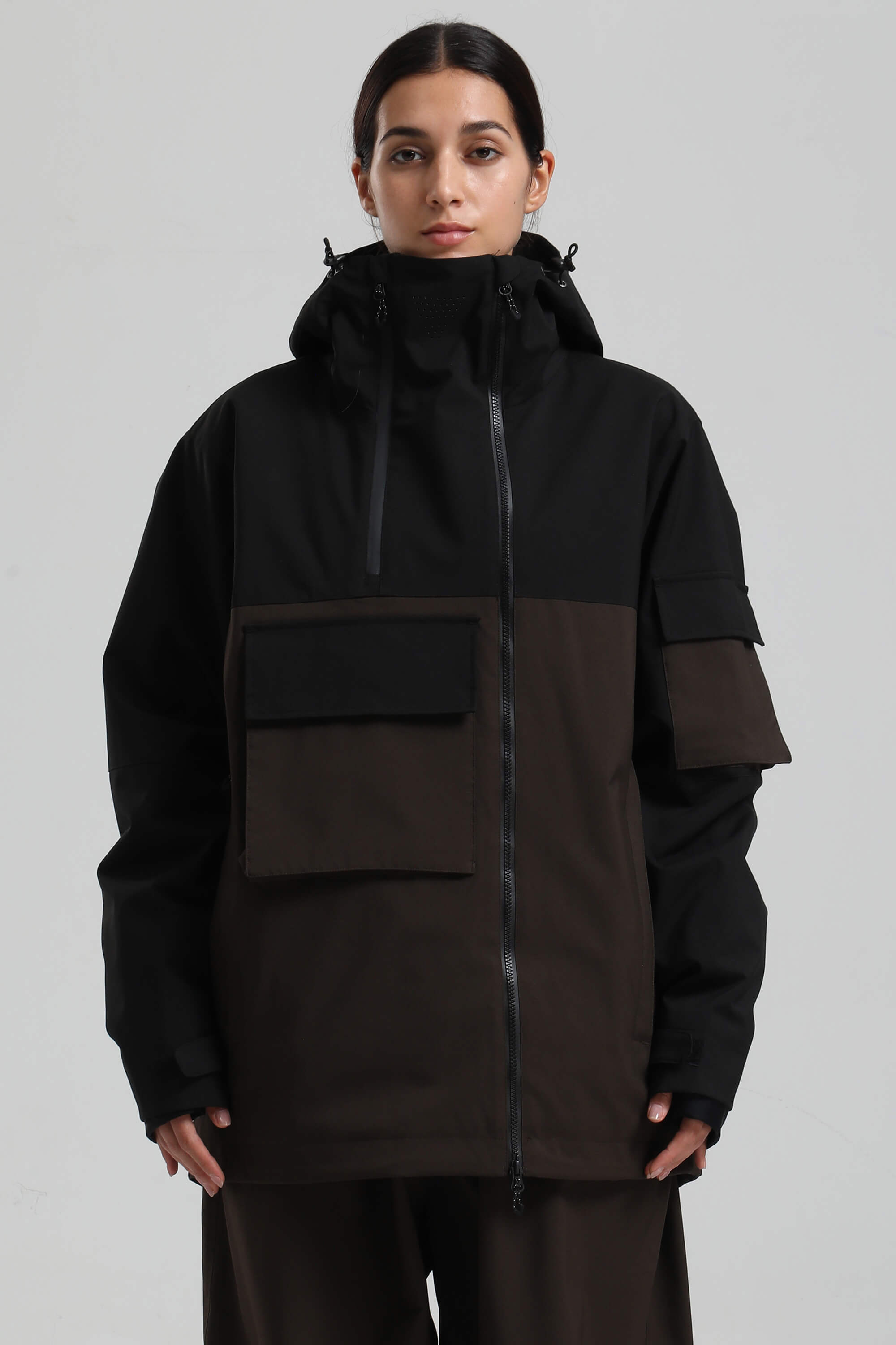 Women's Black & Coffee Asym-Zip Multi-Pocket Ski Jacket Utility Waterproof Snow Jacket