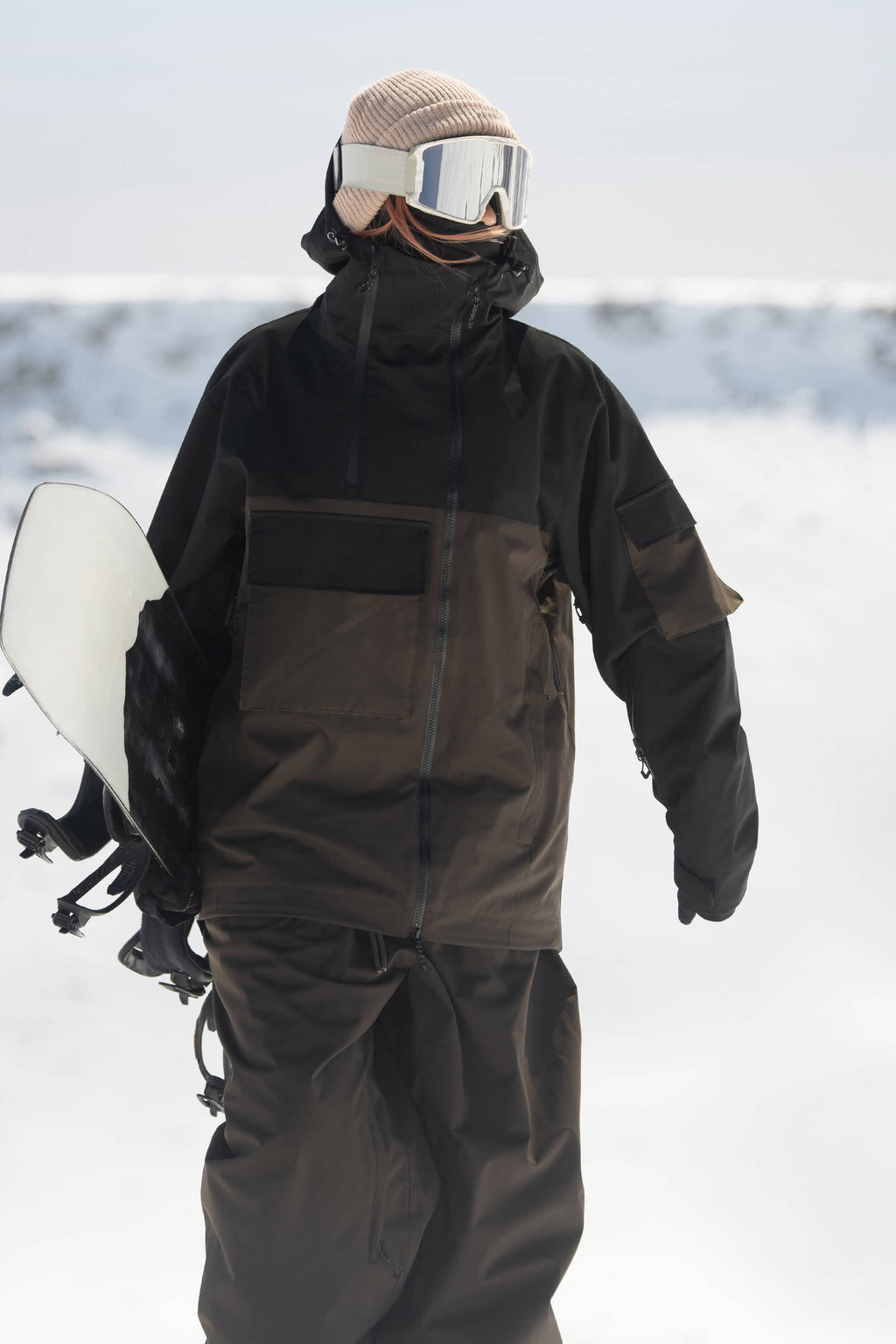 Women's Khaki & White Asym-Zip Multi-Pocket Ski Jacket Utility Waterproof Snow Jacket