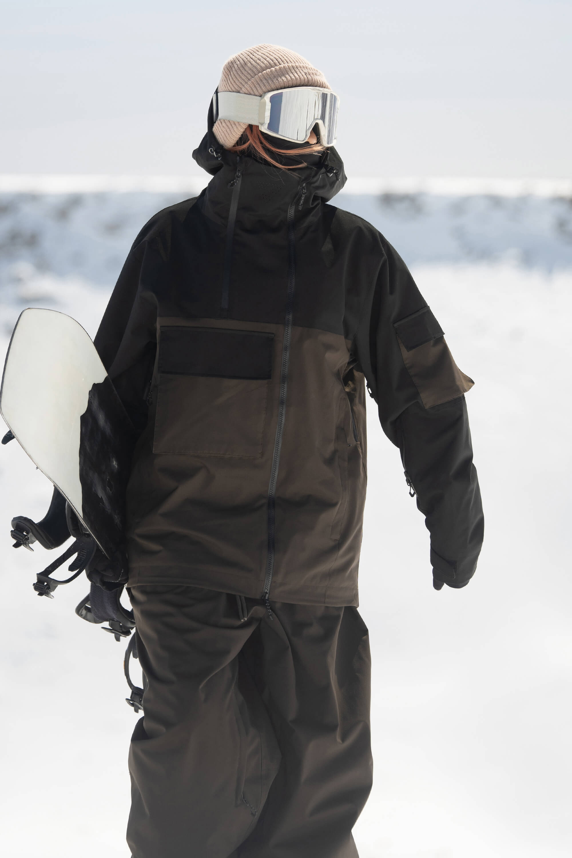 Women's Khaki & White Asym-Zip Multi-Pocket Ski Jacket Utility Waterproof Snow Jacket