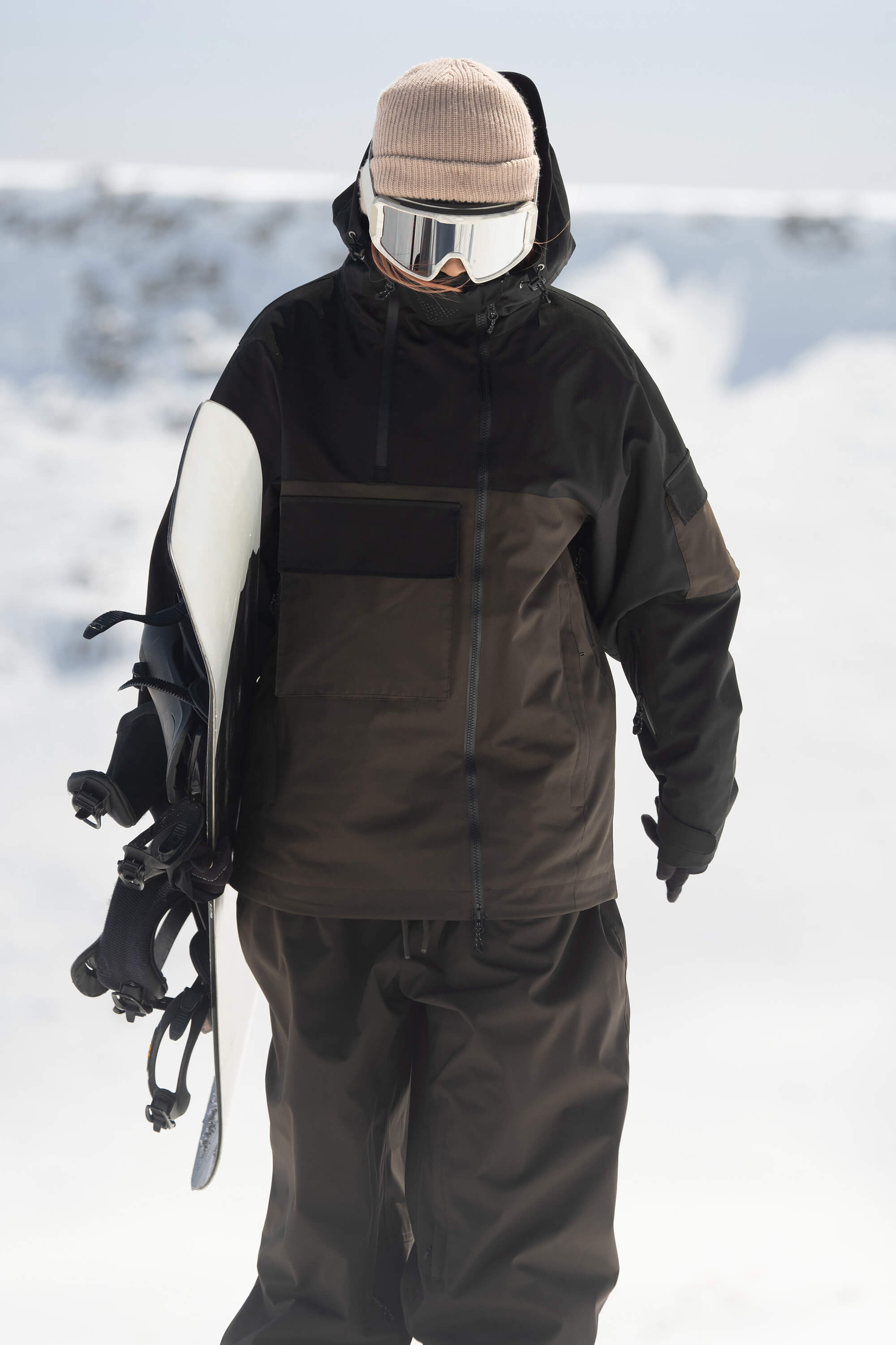 Women's Black & Coffee Asym-Zip Multi-Pocket Ski Jacket Utility Waterproof Snow Jacket