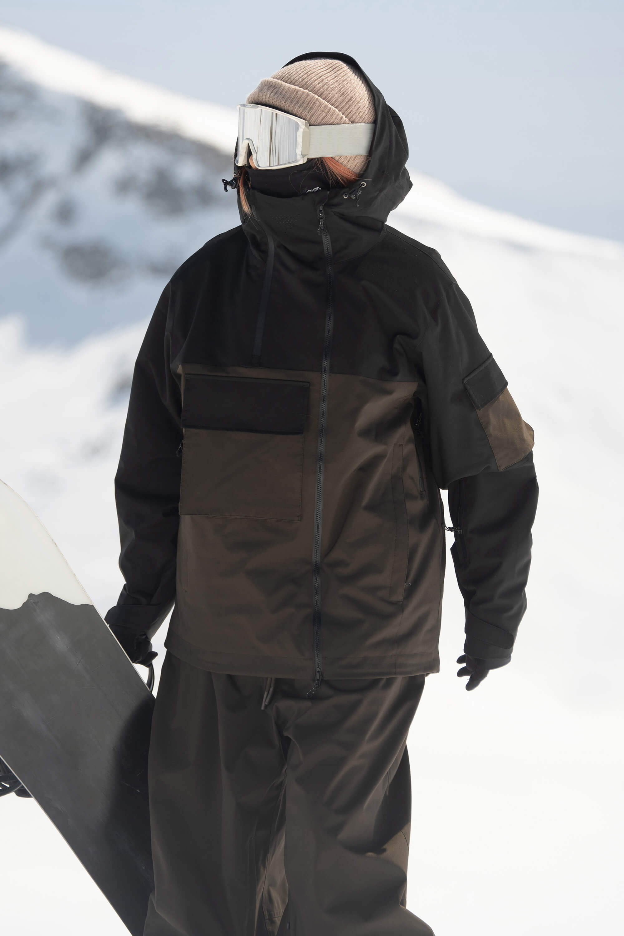 Women's Black & Khaki Asym-Zip Multi-Pocket Ski Jacket Utility Waterproof Snow Jacket