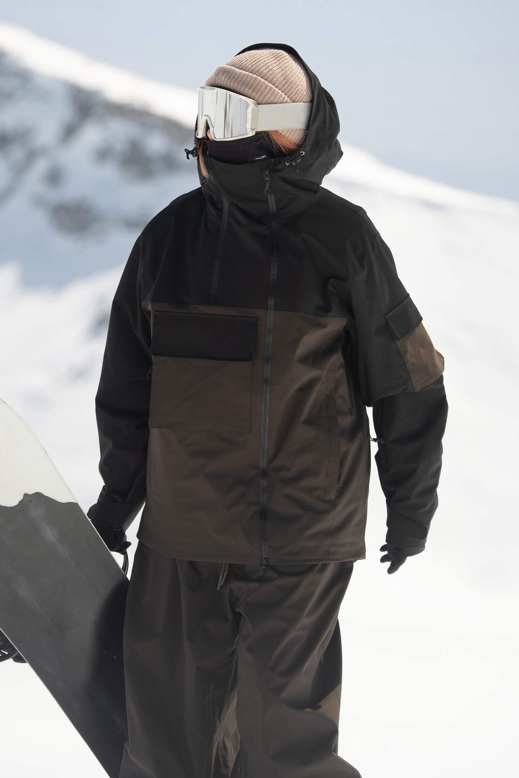 Women's Khaki & White Asym-Zip Multi-Pocket Ski Jacket Utility Waterproof Snow Jacket