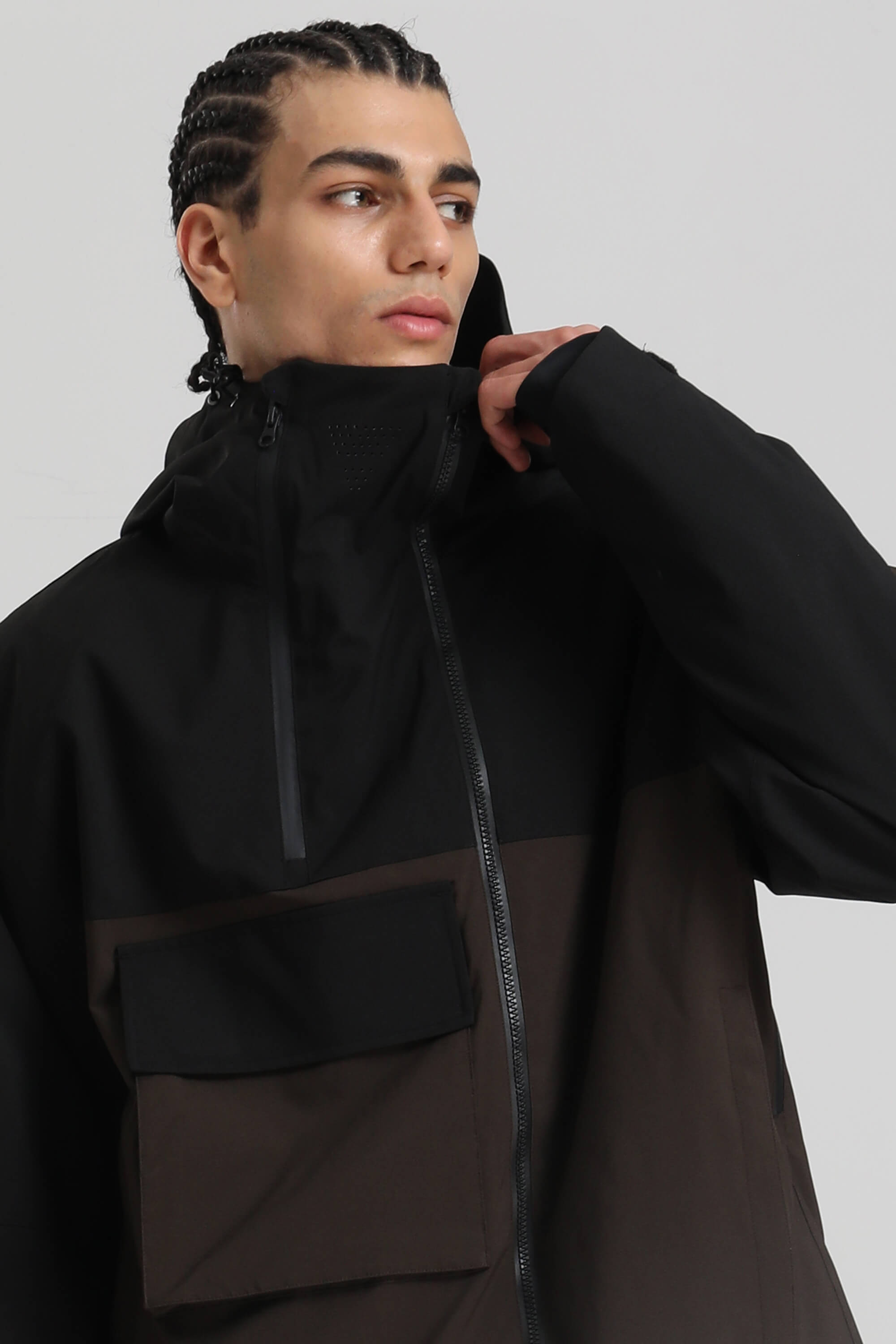 Men's Black & Coffee Asym-Zip Multi-Pocket Ski Jacket Utility Waterproof Snow Jacket