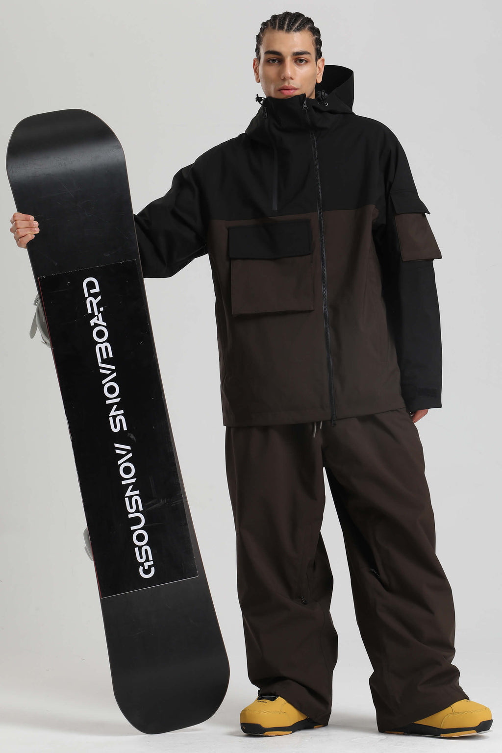 Men's Black & Coffee Asym-Zip Multi-Pocket Ski Jacket Utility Waterproof Snow Jacket