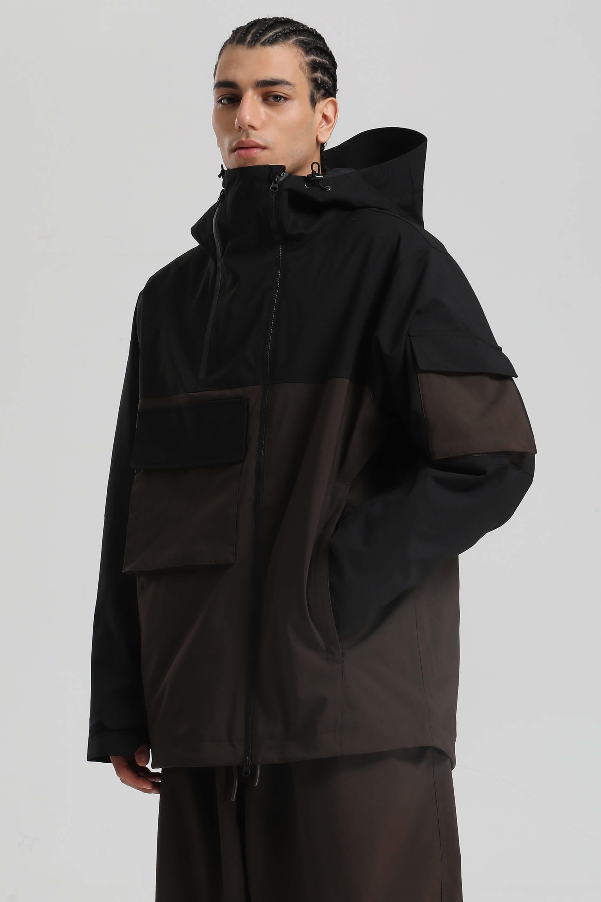 Men's Off White Asym-Zip Multi-Pocket Ski Jacket Utility Waterproof Snow Jacket