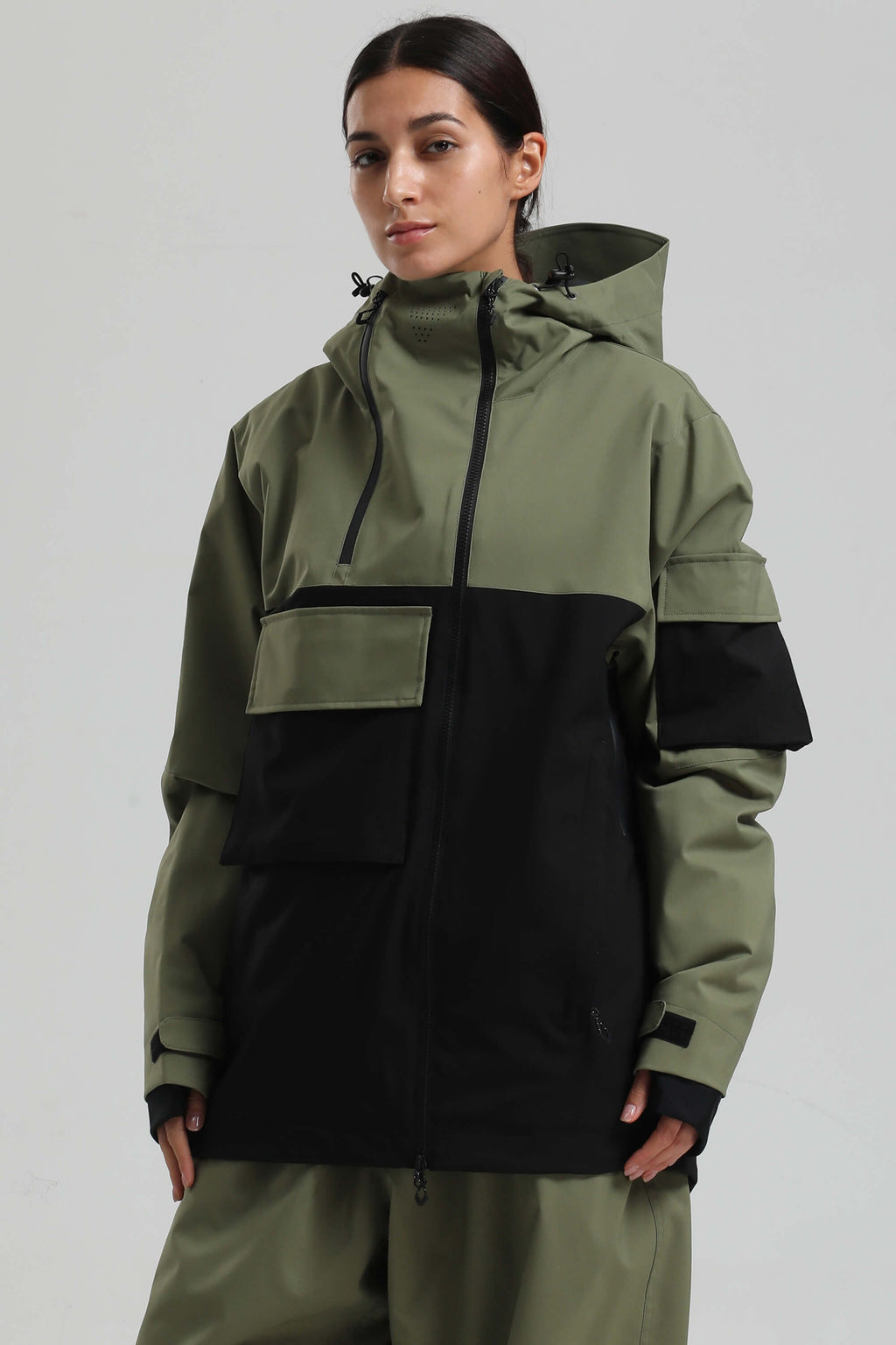 Women's Khaki & White Asym-Zip Multi-Pocket Ski Jacket Utility Waterproof Snow Jacket