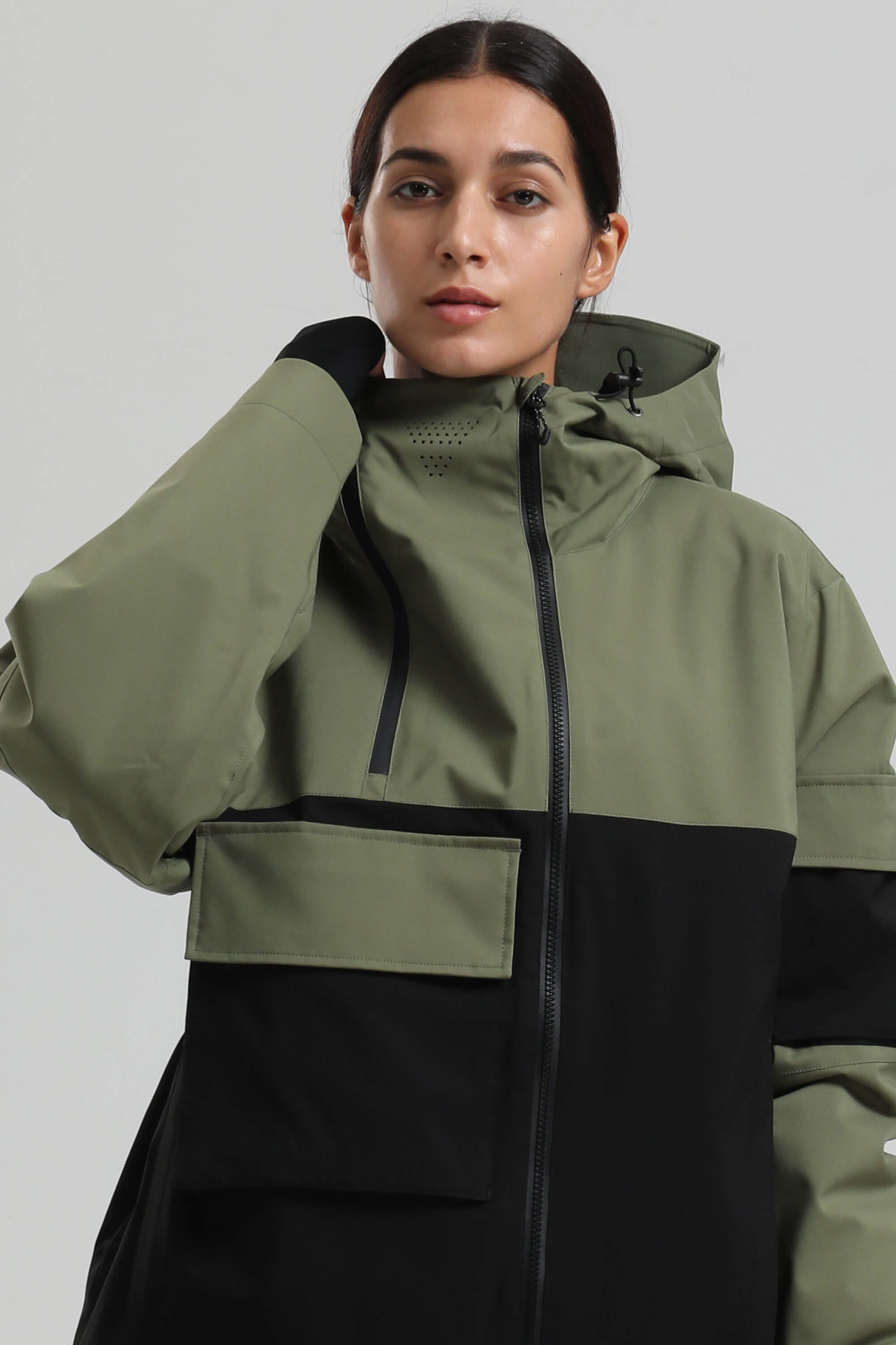 Women's Green & Black Asym-Zip Multi-Pocket Ski Jacket Utility Waterproof Snow Jacket Secondary image
