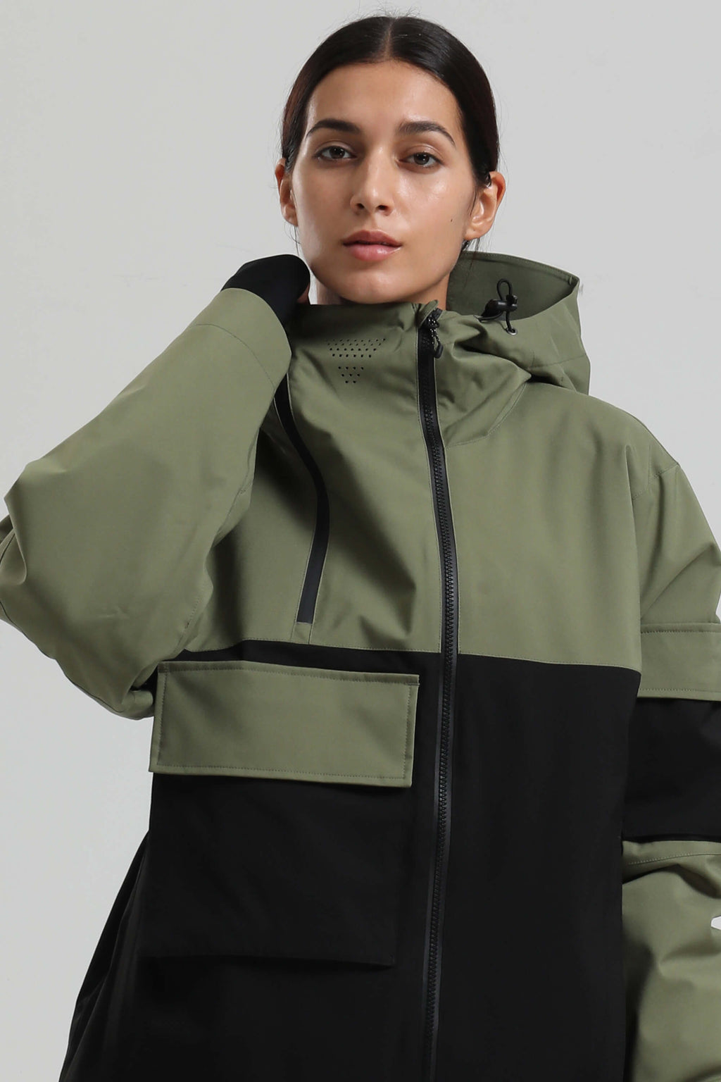 Women's Green & Black Asym-Zip Multi-Pocket Ski Jacket Utility Waterproof Snow Jacket