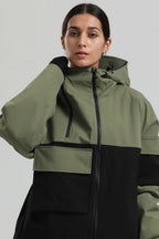Women's Green & Black Asym-Zip Multi-Pocket Ski Jacket Utility Waterproof Snow Jacket