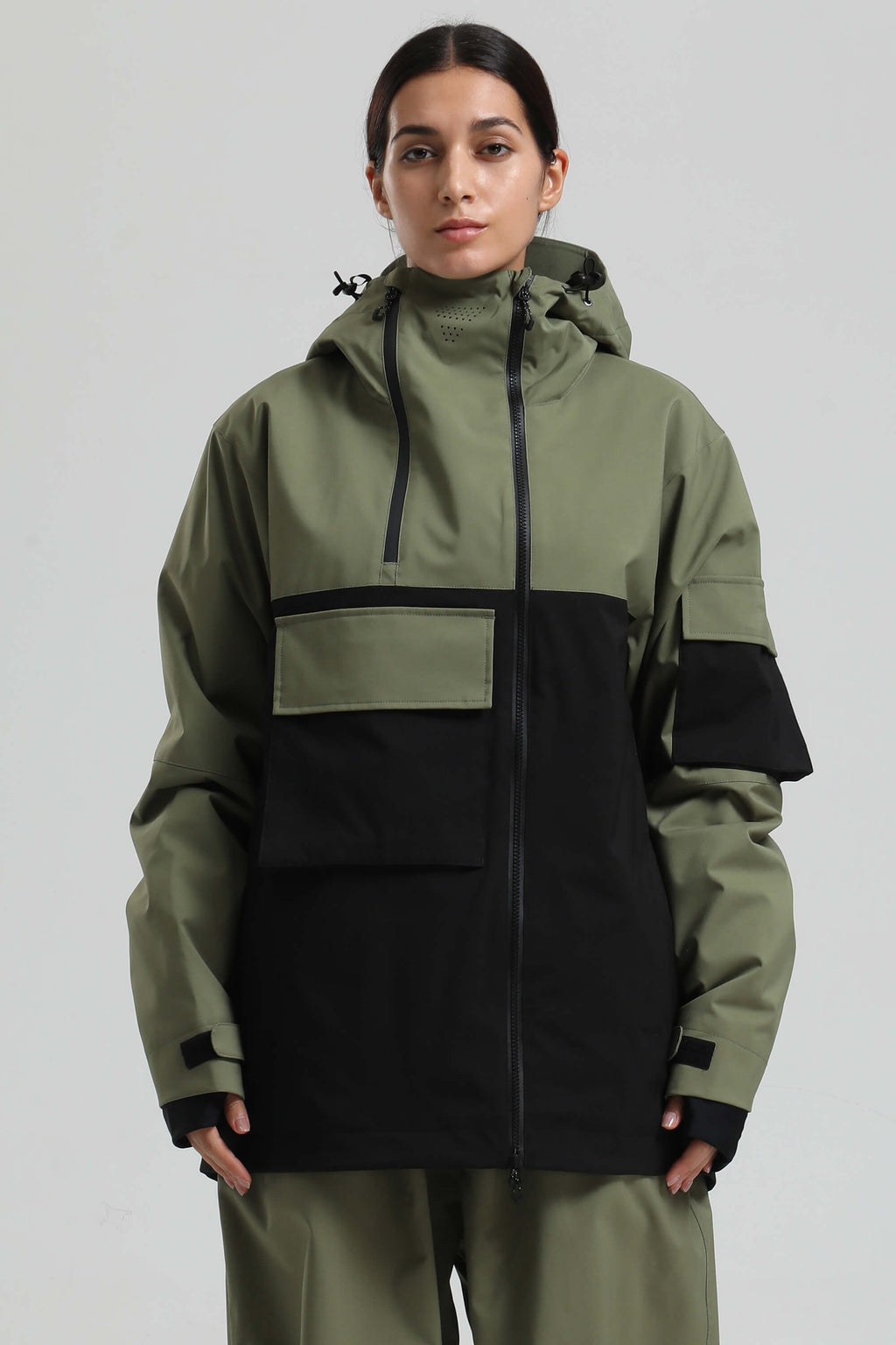 Women's Khaki & White Asym-Zip Multi-Pocket Ski Jacket Utility Waterproof Snow Jacket
