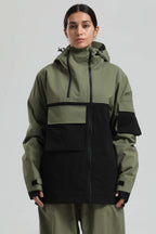 Women's White & Black Asym-Zip Multi-Pocket Ski Jacket Utility Waterproof Snow Jacket