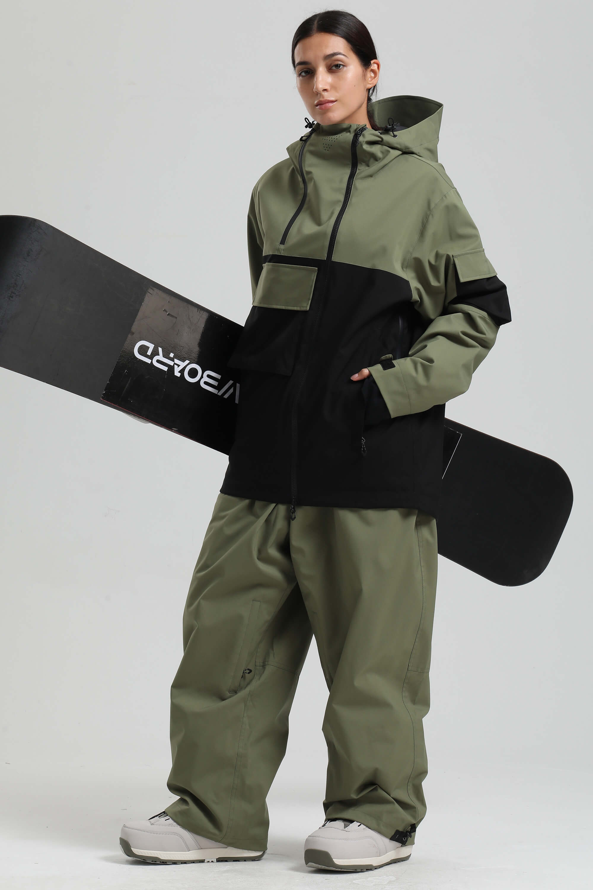Women's Green & Black Asym-Zip Multi-Pocket Ski Jacket Utility Waterproof Snow Jacket