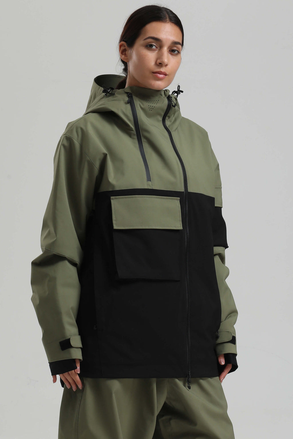 Women's Green & Black Asym-Zip Multi-Pocket Ski Jacket Utility Waterproof Snow Jacket