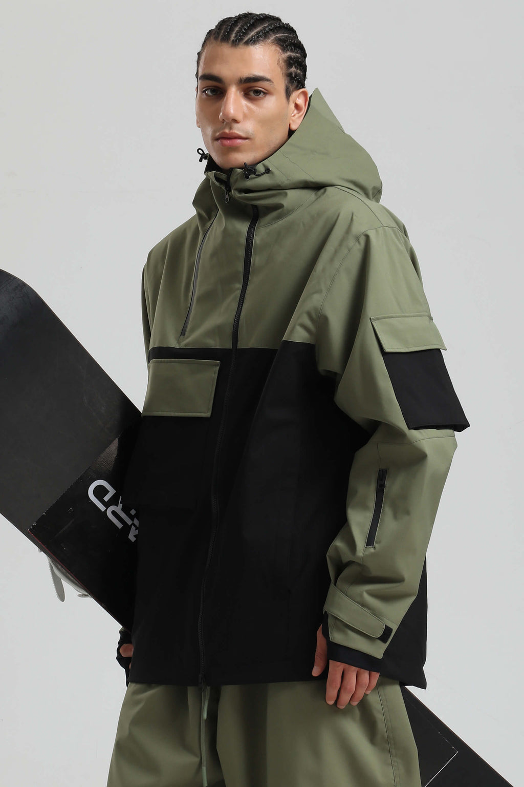 Men's Off White Asym-Zip Multi-Pocket Ski Jacket Utility Waterproof Snow Jacket