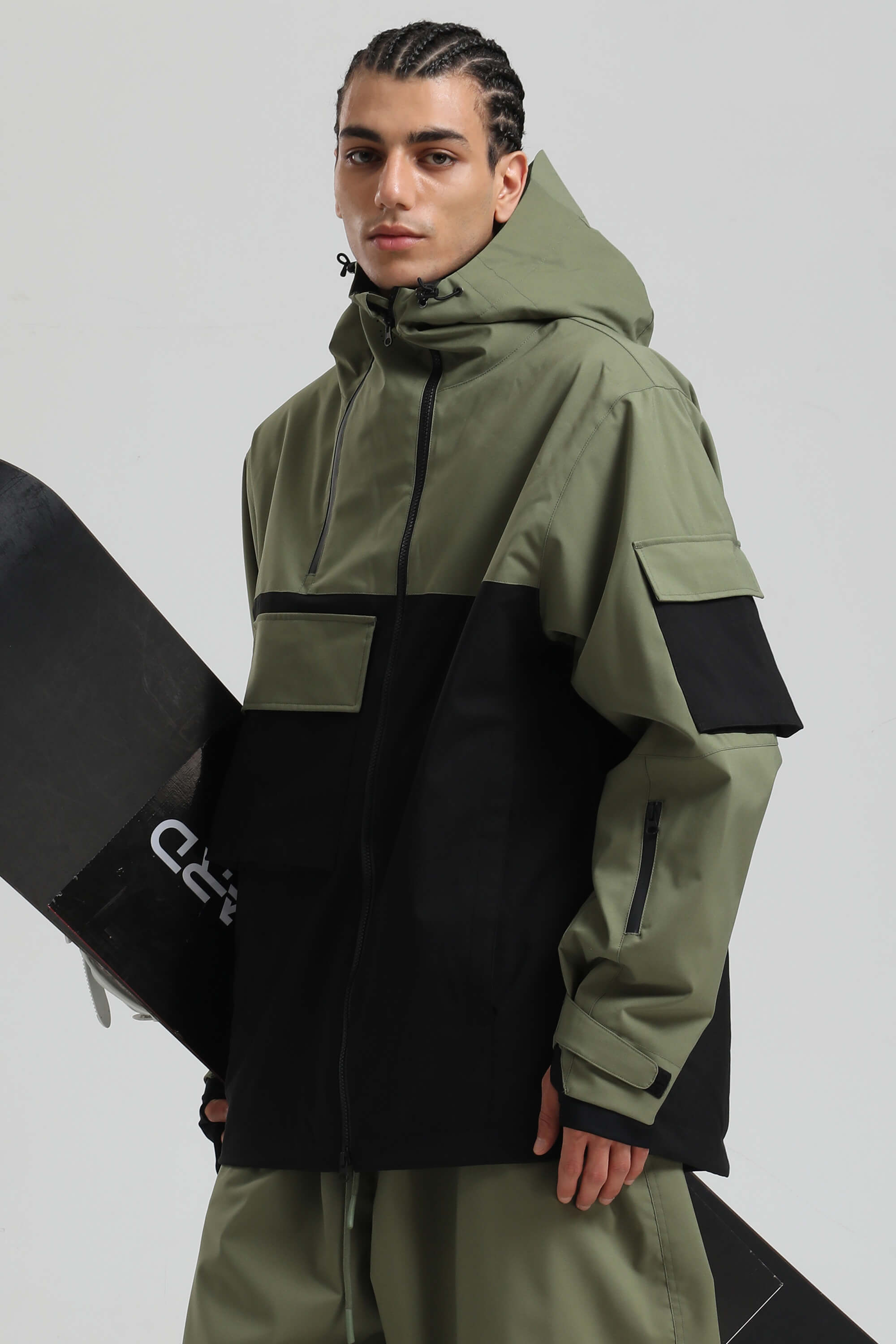 Men's Off White Asym-Zip Multi-Pocket Ski Jacket Utility Waterproof Snow Jacket