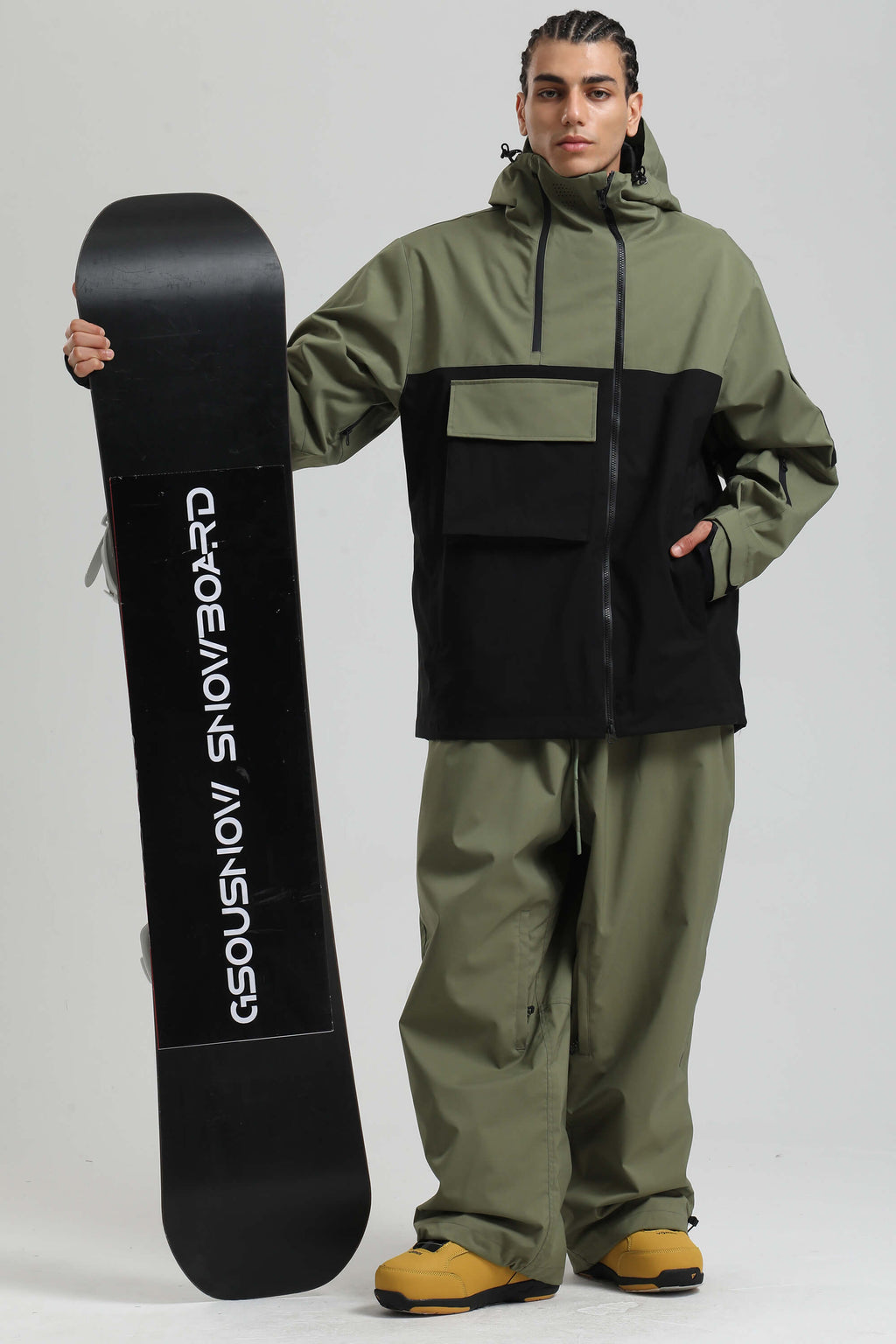 Men's Green & Black Asym-Zip Multi-Pocket Ski Jacket Utility Waterproof Snow Jacket