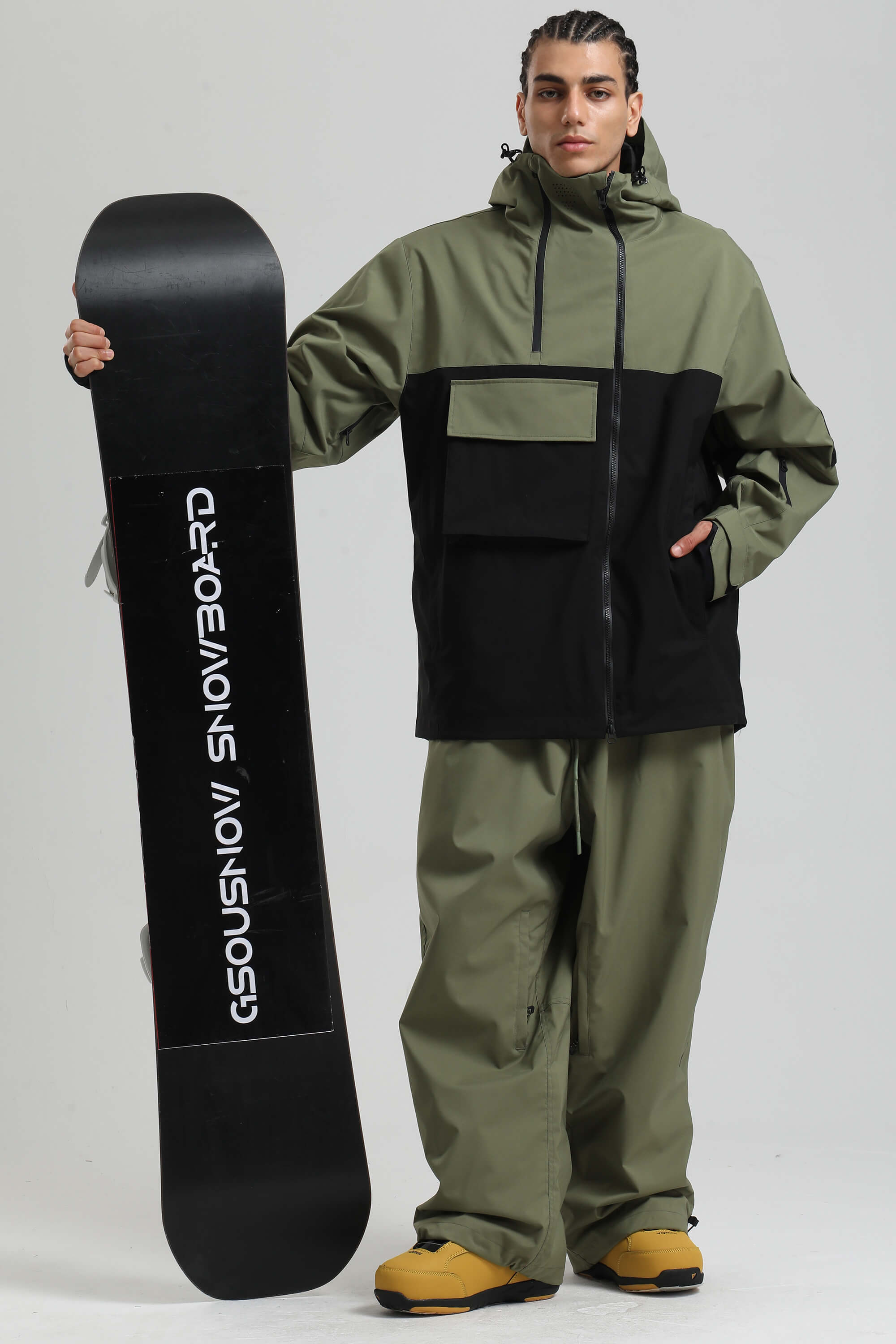 Men's Green & Black Asym-Zip Multi-Pocket Ski Jacket Utility Waterproof Snow Jacket
