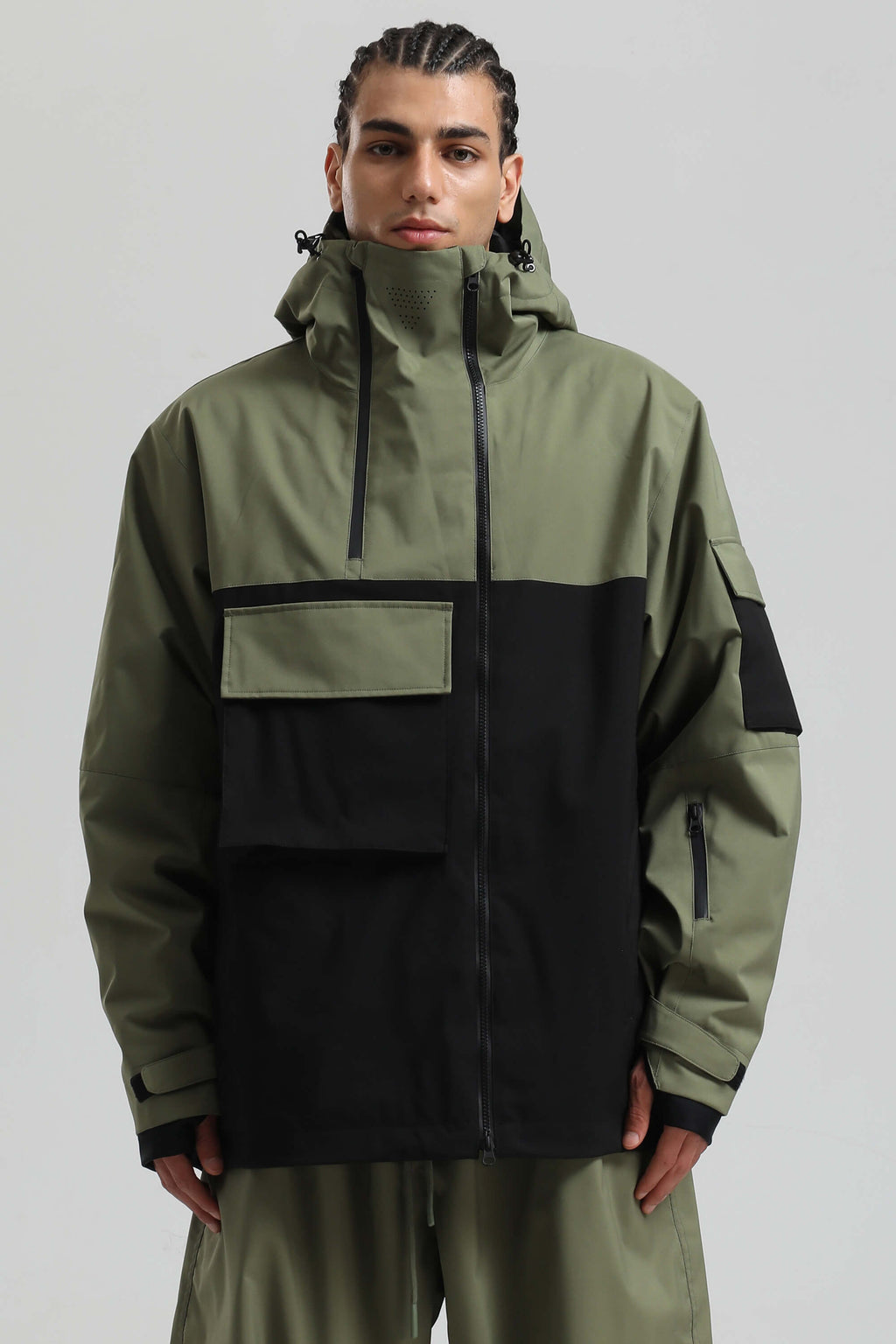 Men's Khaki & White Asym-Zip Multi-Pocket Ski Jacket Utility Waterproof Snow Jacket