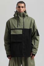 Men's Black & Khaki Asym-Zip Multi-Pocket Ski Jacket Utility Waterproof Snow Jacket