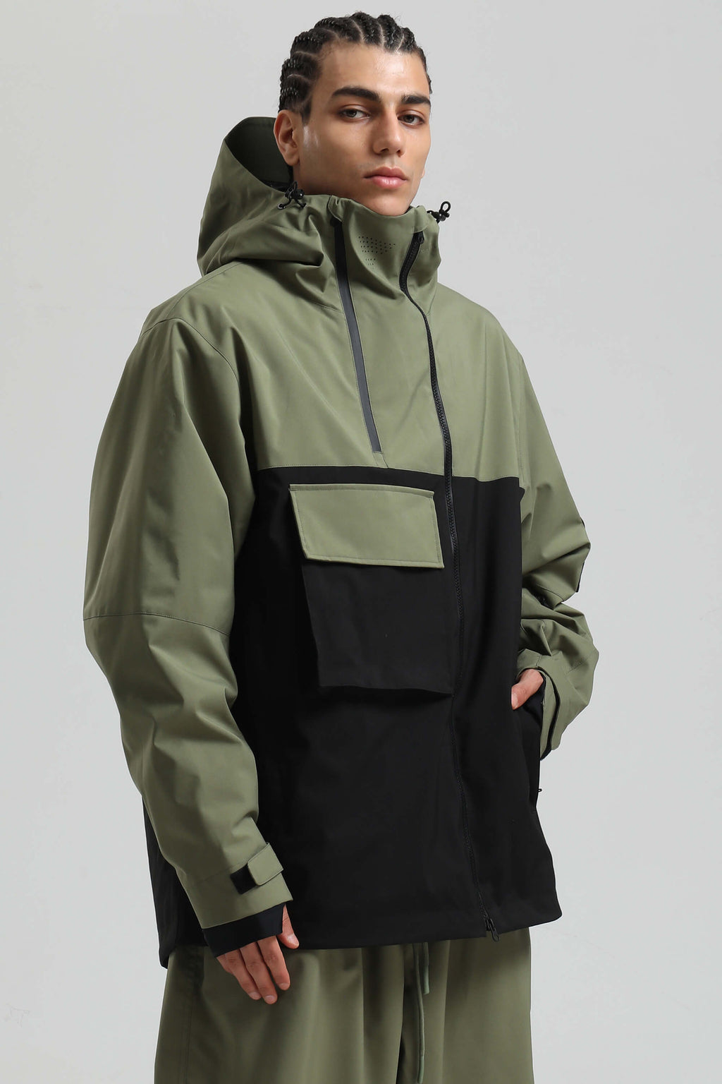 Men's Green & Black Asym-Zip Multi-Pocket Ski Jacket Utility Waterproof Snow Jacket